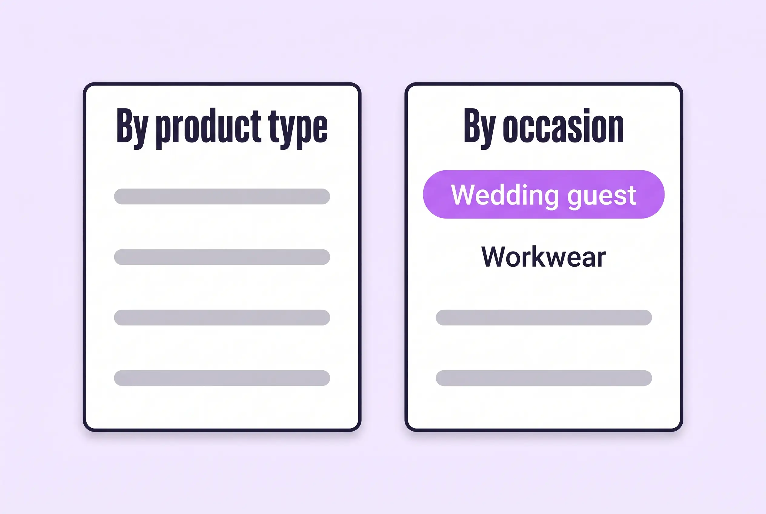 Two store menus side by side: one sorted by product type and one sorted by occasion with Wedding guest highlighted