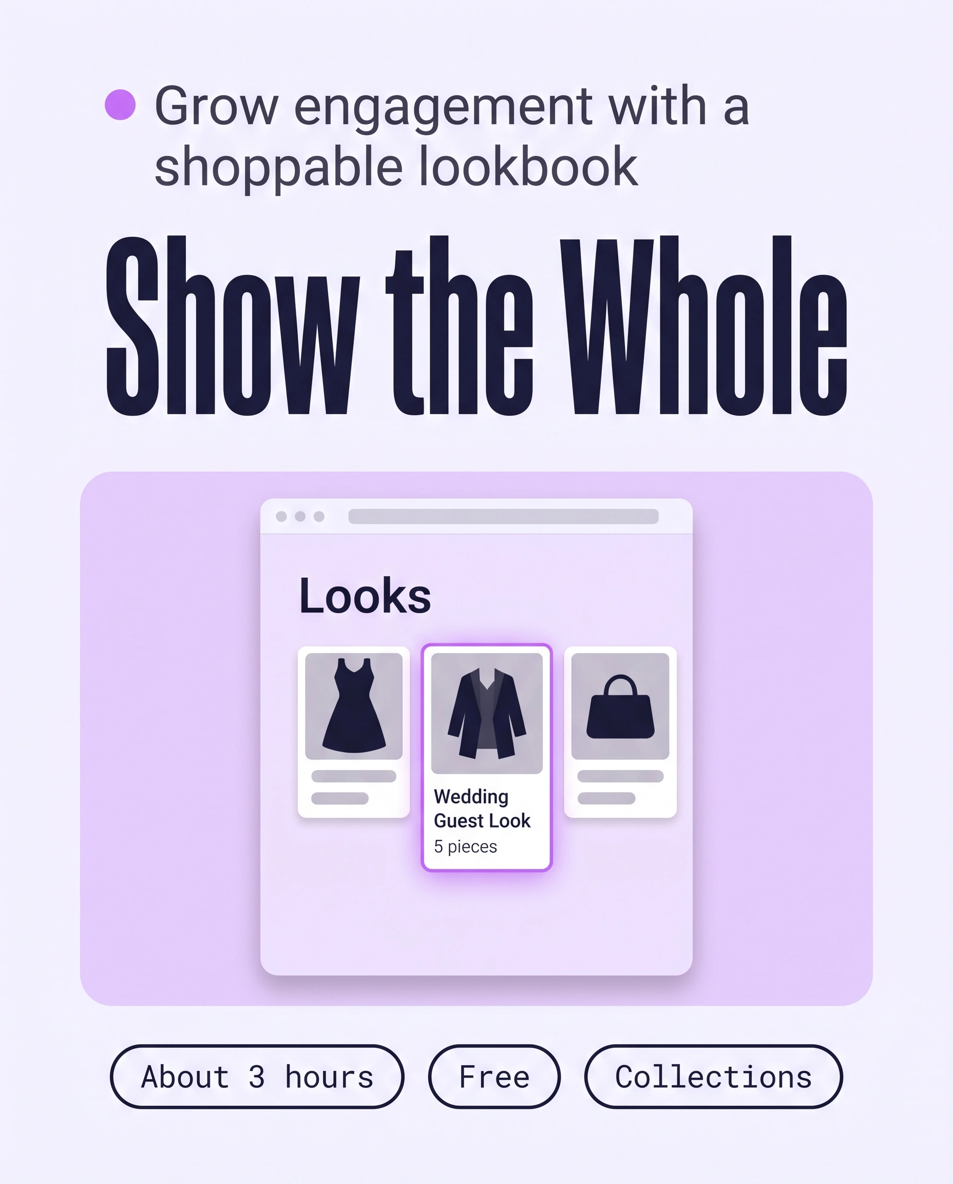 Browser window showing a Looks row of three outfit cards, with the Wedding Guest Look card highlighted, to show that a shoppable lookbook lets shoppers browse whole outfits.