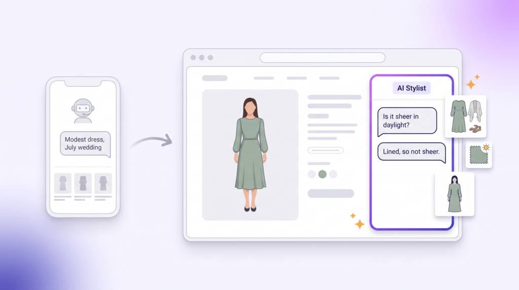 A shopper’s AI assistant chat hands her over to a brand’s own store, where a stylist panel answers whether the dress is sheer, showing that the sale is won on the product page.