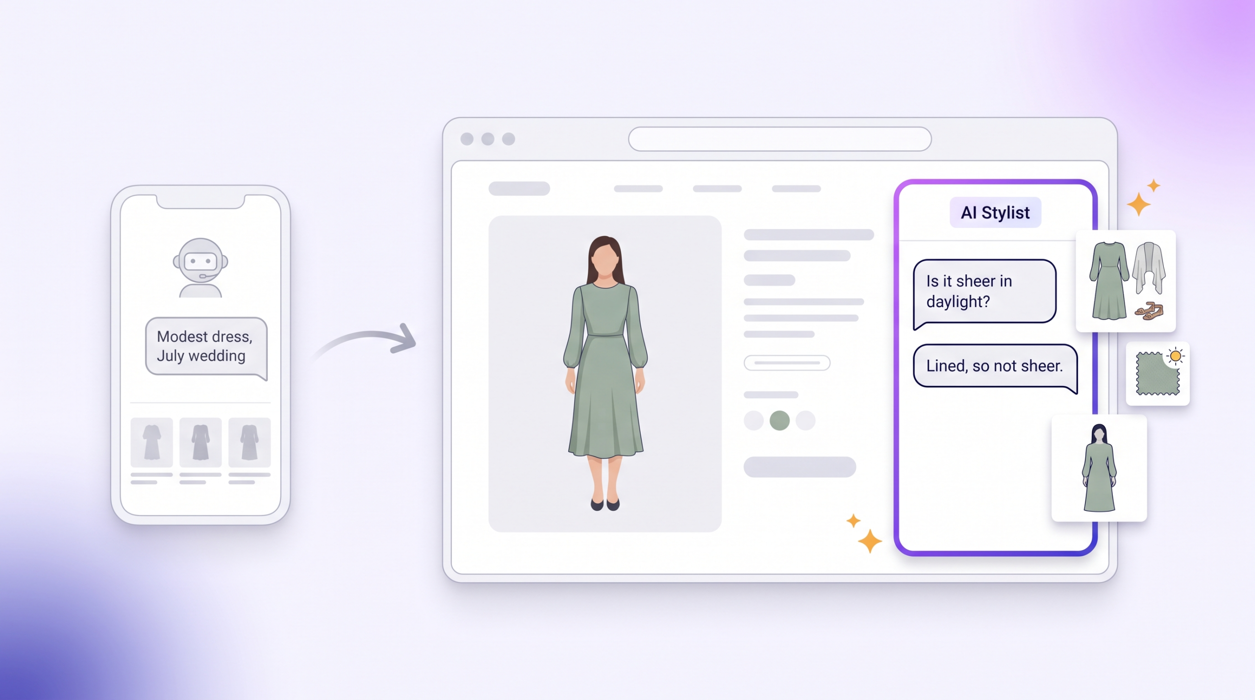 A shopper’s AI assistant chat hands her over to a brand’s own store, where a stylist panel answers whether the dress is sheer, showing that the sale is won on the product page.