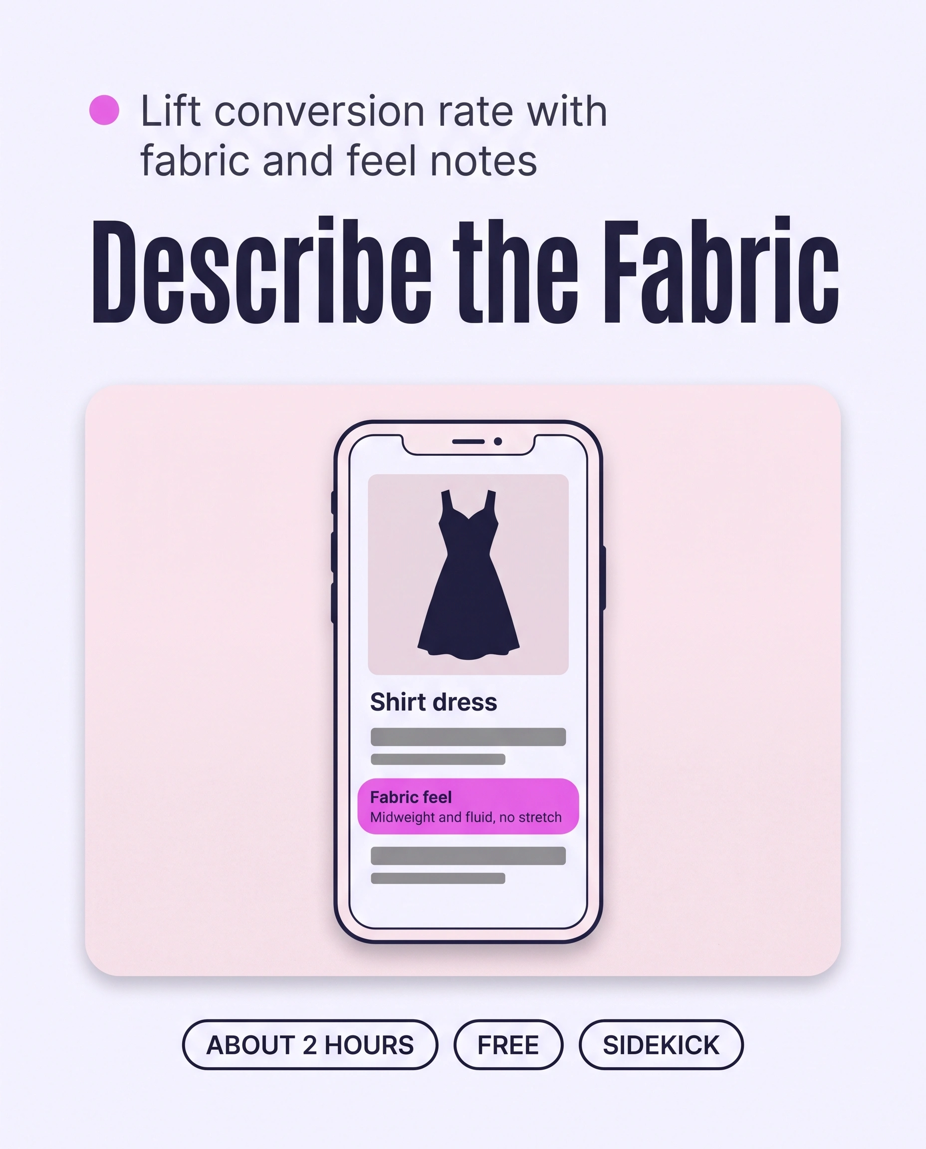 A phone product page for a shirt dress with a highlighted Fabric feel row that reads “Midweight and fluid, no stretch”, showing the plain fabric detail that removes a shopper’s doubt.