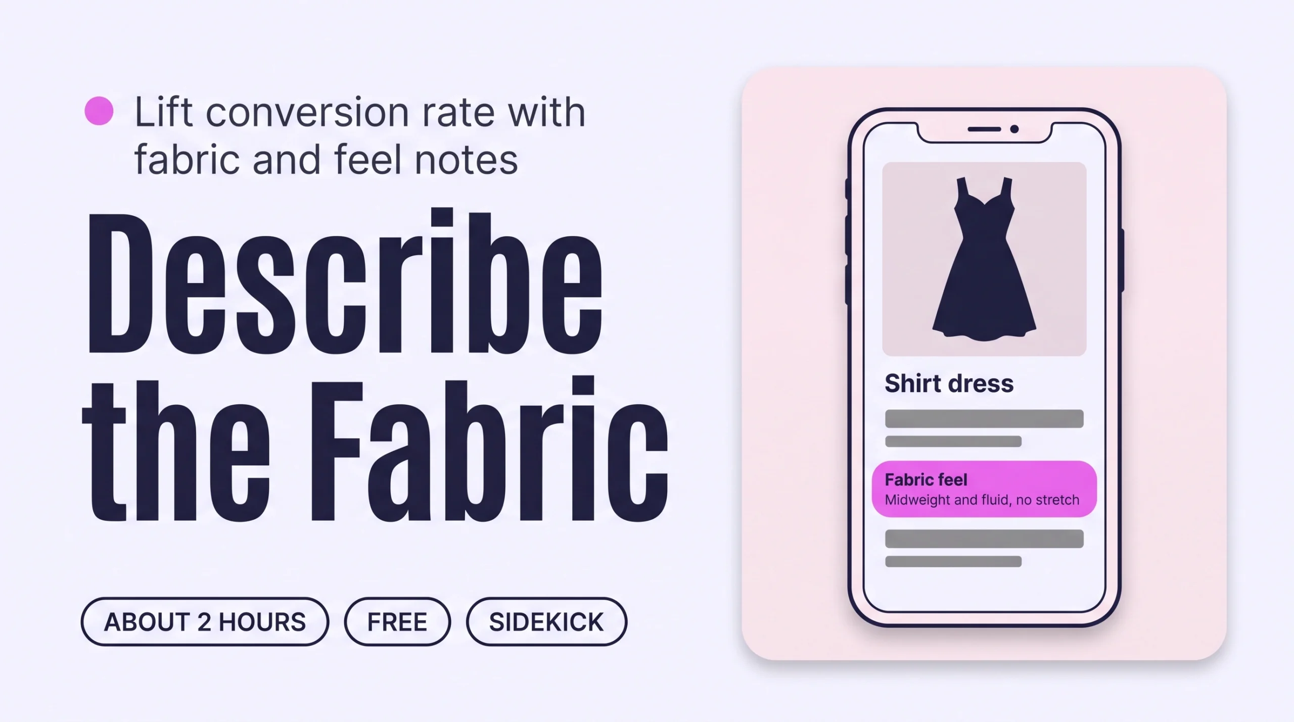 A phone product page for a shirt dress with a highlighted Fabric feel row that reads “Midweight and fluid, no stretch”, showing the plain fabric detail that removes a shopper’s doubt.
