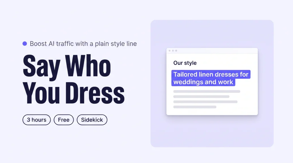 Browser window showing an Our style page with one plain sentence about who the brand dresses highlighted, the fix for brand style in AI answers