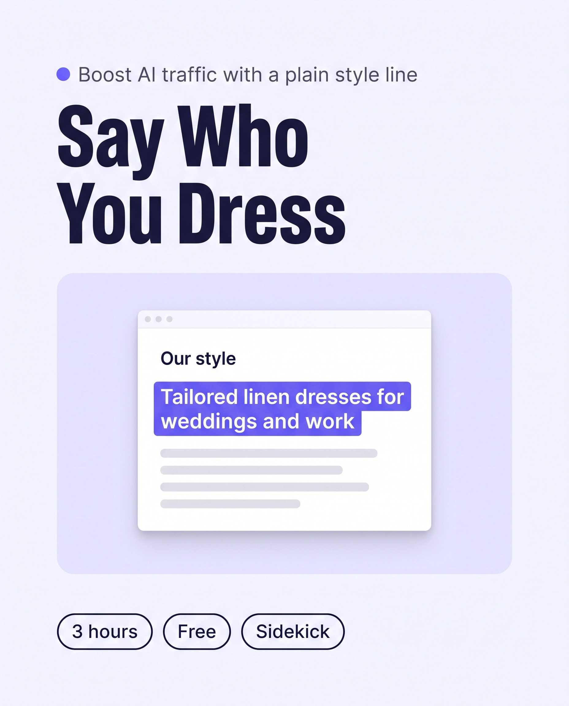 Browser window showing an Our style page with one plain sentence about who the brand dresses highlighted, the fix for brand style in AI answers