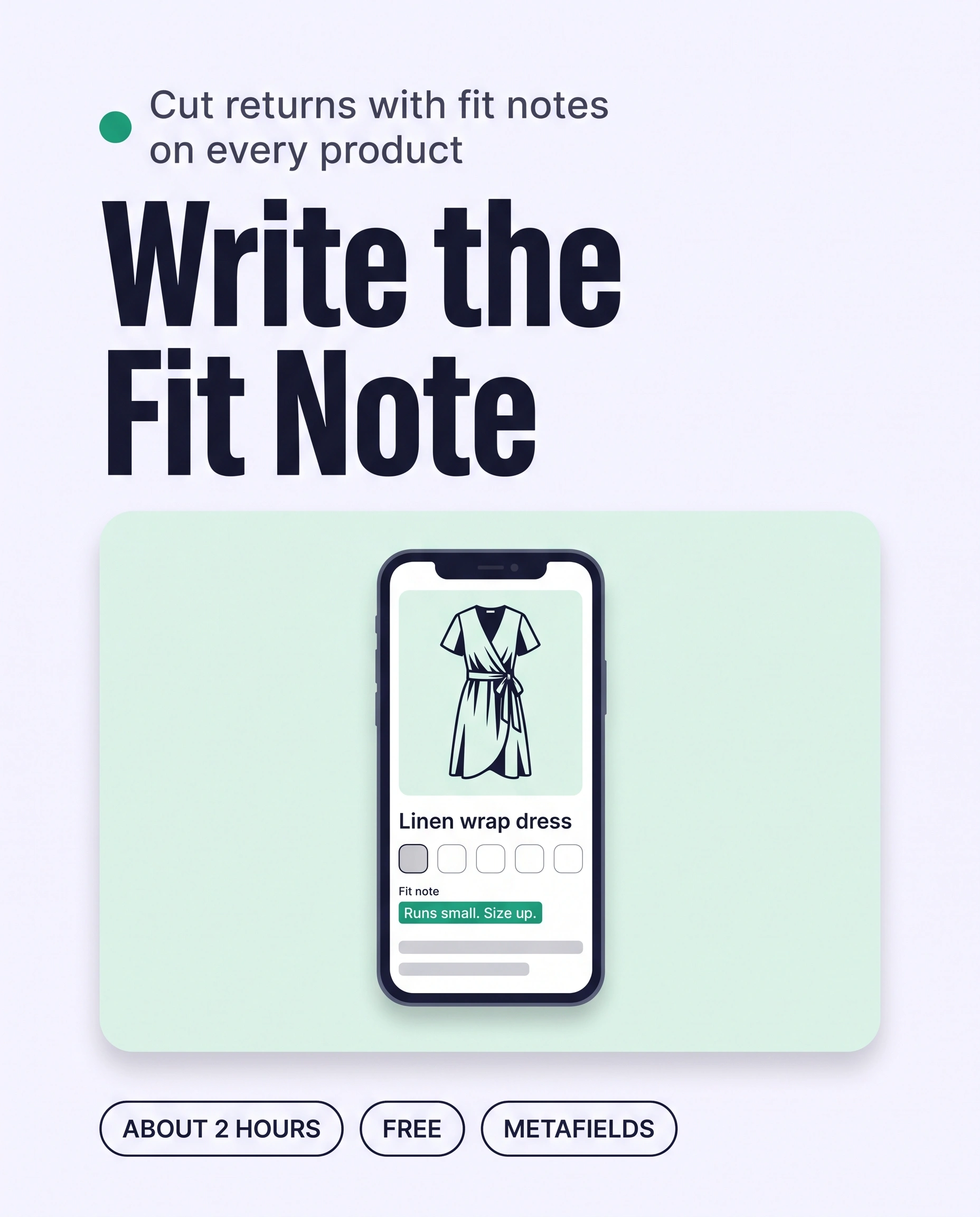 Shopify product page on a phone with a highlighted fit note reading "Runs small. Size up." under the size selector