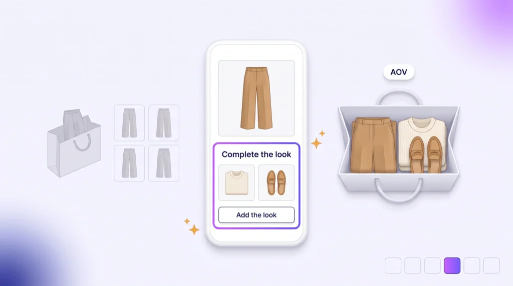 A product page shows a Complete the look row with the knit and loafers that finish a pair of trousers, turning a one-piece order into a full outfit in the bag.