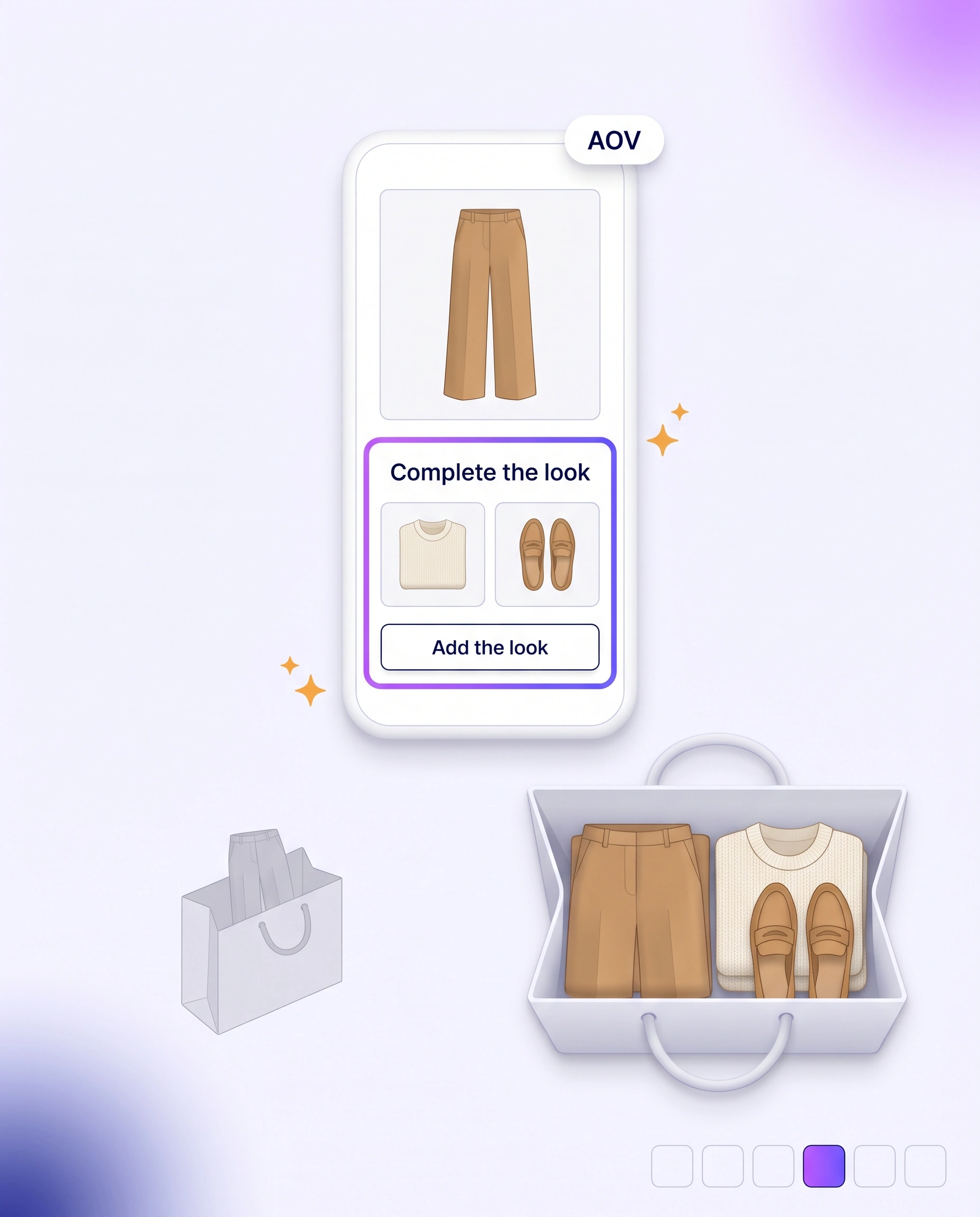 A product page shows a Complete the look row with the knit and loafers that finish a pair of trousers, turning a one-piece order into a full outfit in the bag.