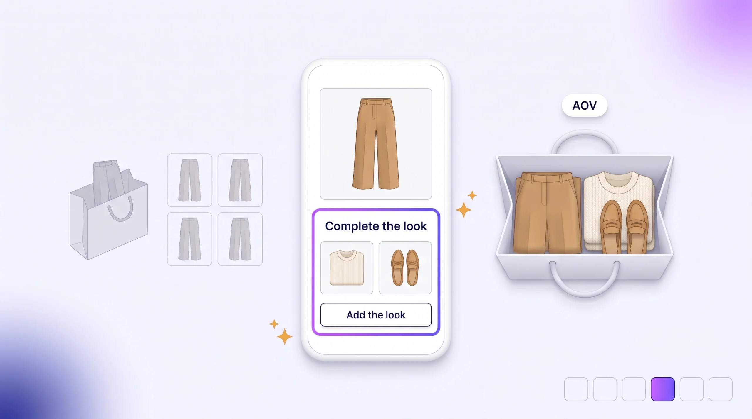 A product page shows a Complete the look row with the knit and loafers that finish a pair of trousers, turning a one-piece order into a full outfit in the bag.