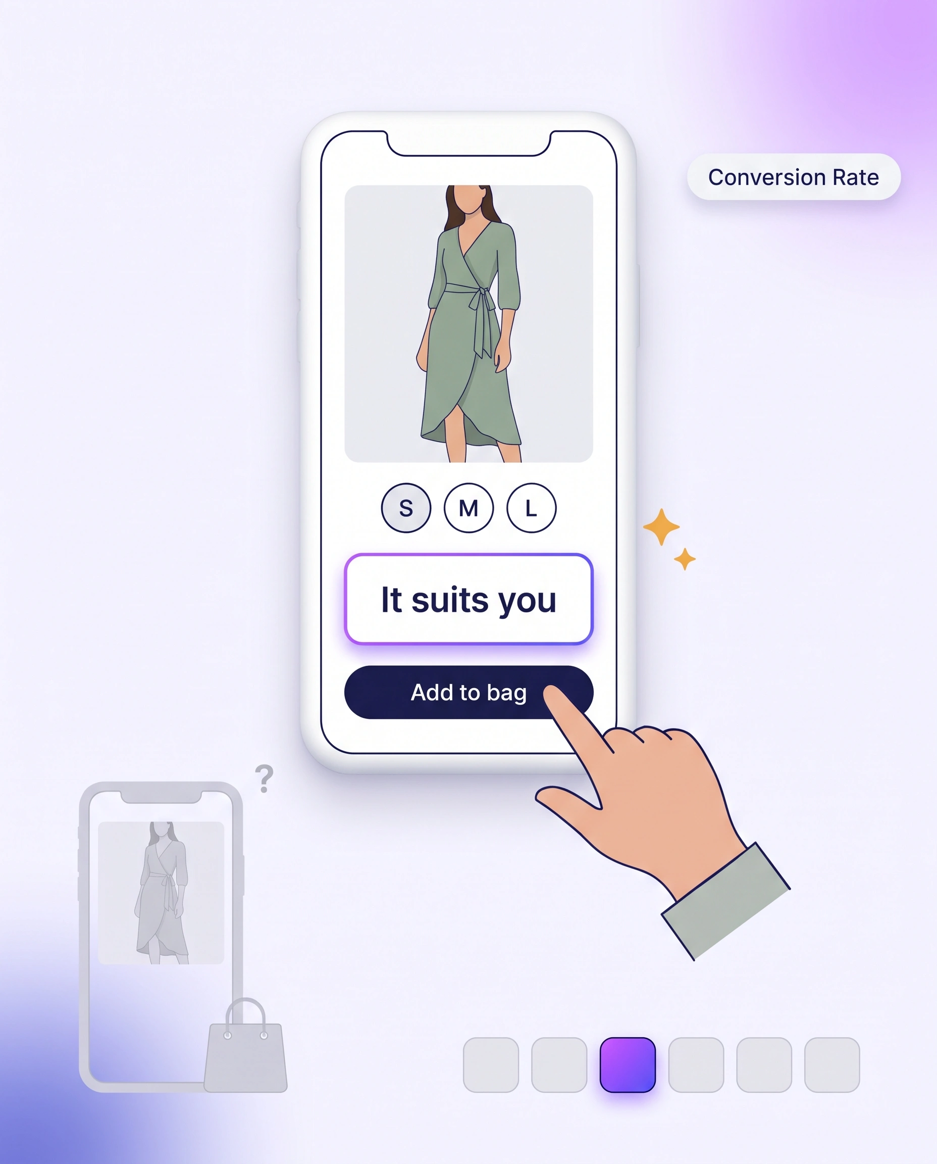 A stylist’s answer appears right above the Add to bag button on a fashion product page, showing how an answered question turns a product view into an order.