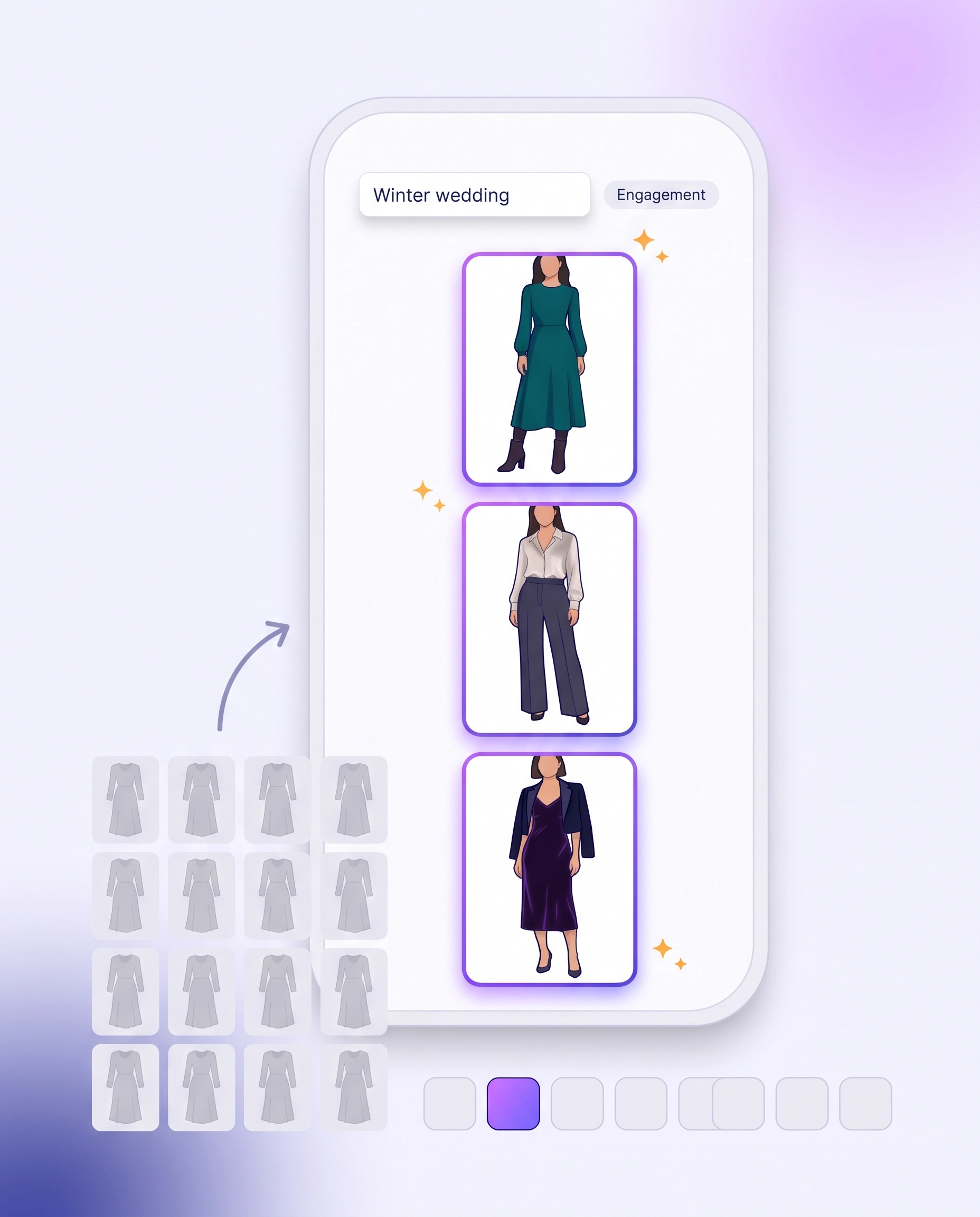 A shopper's attention moves from a crowded grid of identical dresses to a row of three styled outfits, showing how looks built for an occasion keep shoppers exploring a fashion store.