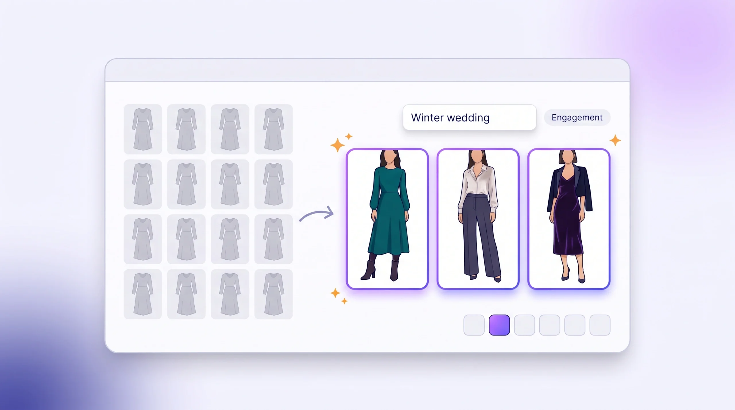 A shopper’s attention moves from a crowded grid of identical dresses to a row of three styled outfits, showing how looks built for an occasion keep shoppers exploring a fashion store.