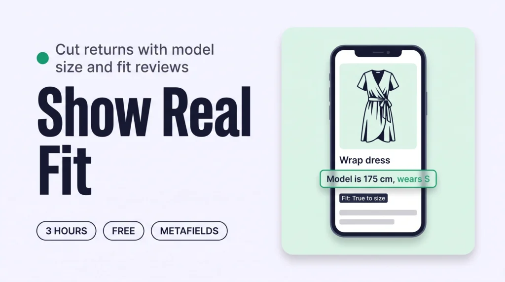 Phone product page with the model’s height and size worn highlighted beside the size selector, so shoppers can judge their own size.