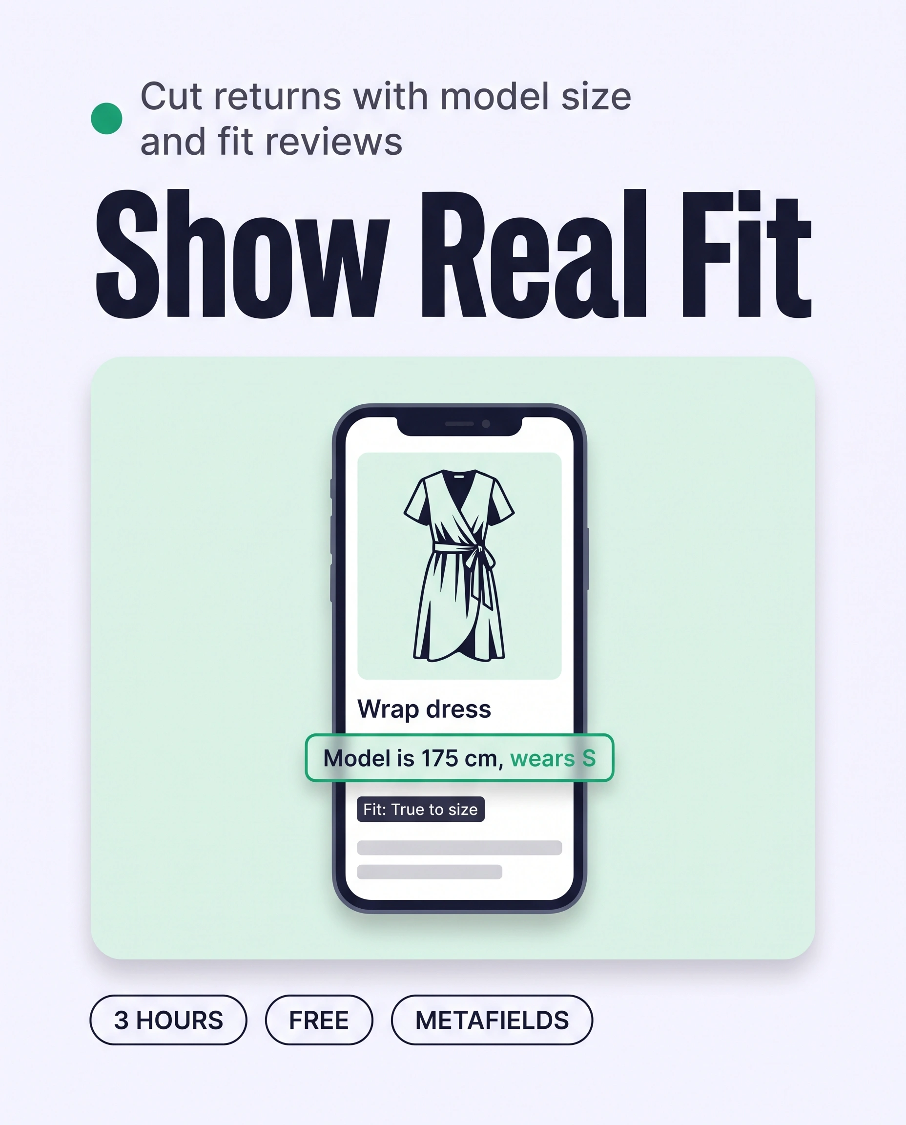 Phone product page with the model’s height and size worn highlighted beside the size selector, so shoppers can judge their own size.