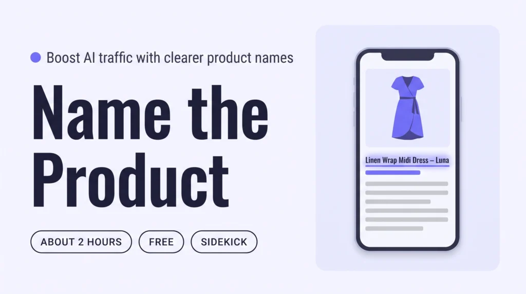 Product page on a phone with the title "Linen Wrap Midi Dress – Luna" highlighted, showing a title that says what the item is