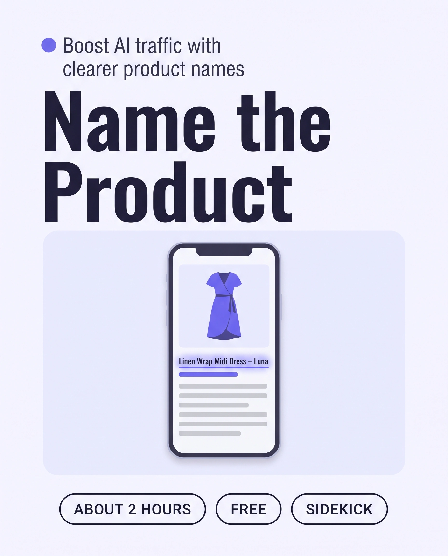 Product page on a phone with the title "Linen Wrap Midi Dress – Luna" highlighted, showing a title that says what the item is