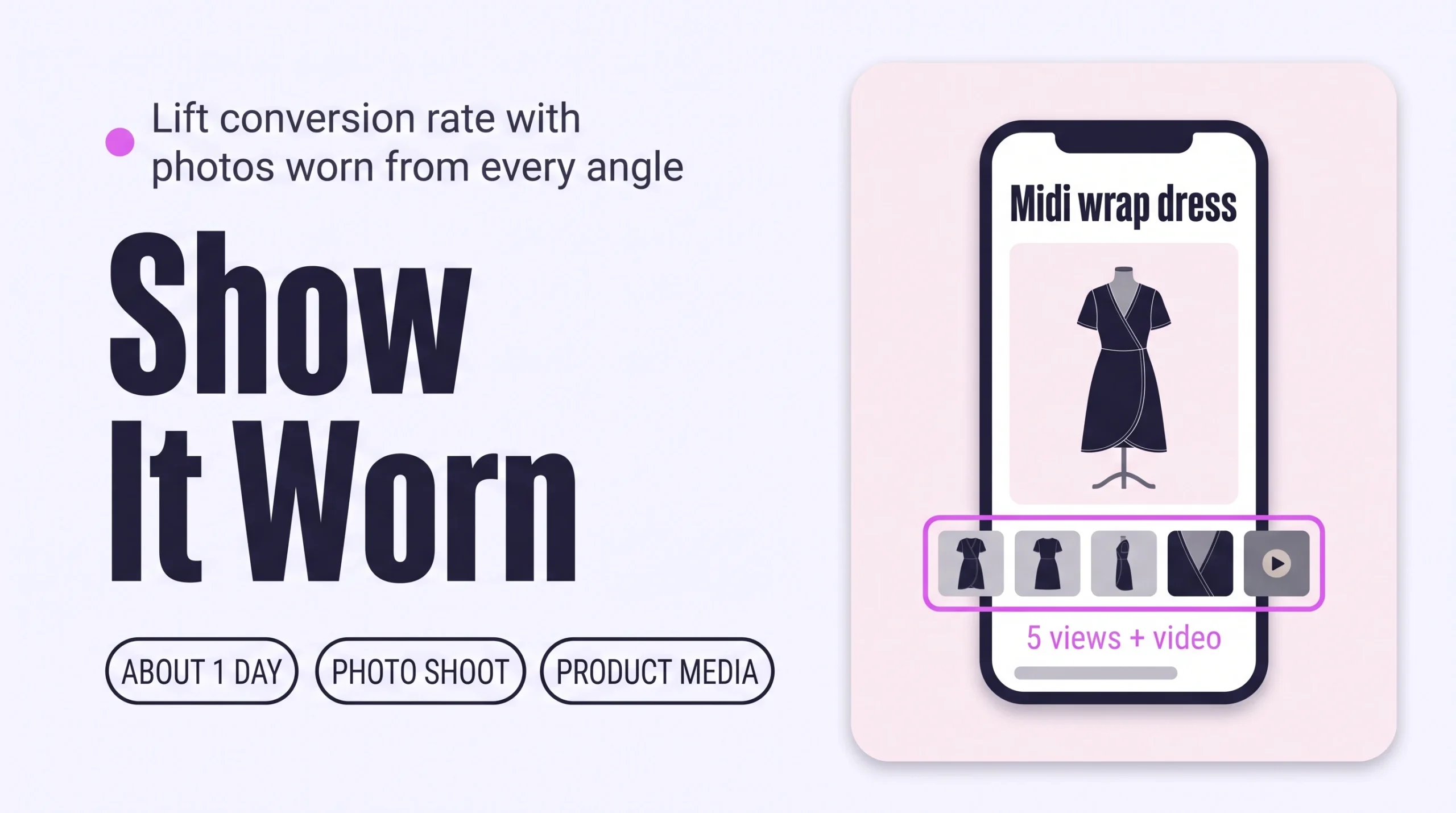 Phone showing a product page with a row of five worn-view thumbnails and a video play icon highlighted, with the headline Show It Worn