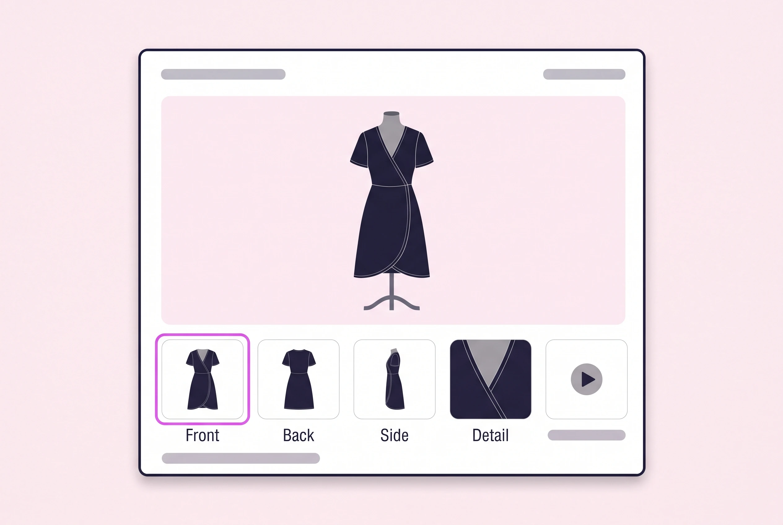 Product gallery showing one dress in five views: front, back, side, detail and a video thumbnail, with the plain front photo first