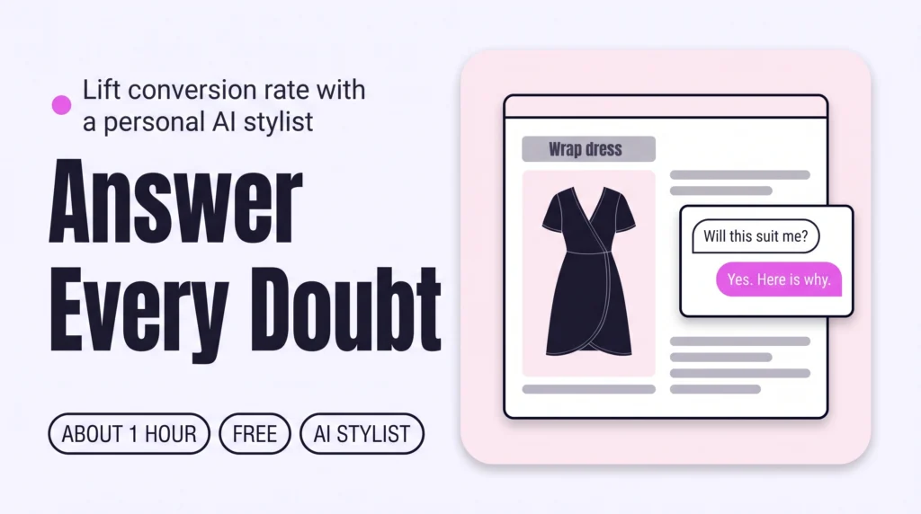 Chat window on a fashion store page where a shopper asks “Will this suit me?” and a stylist answers “Yes. Here is why.”, showing how a personal AI stylist answers the doubt that stops a purchase.