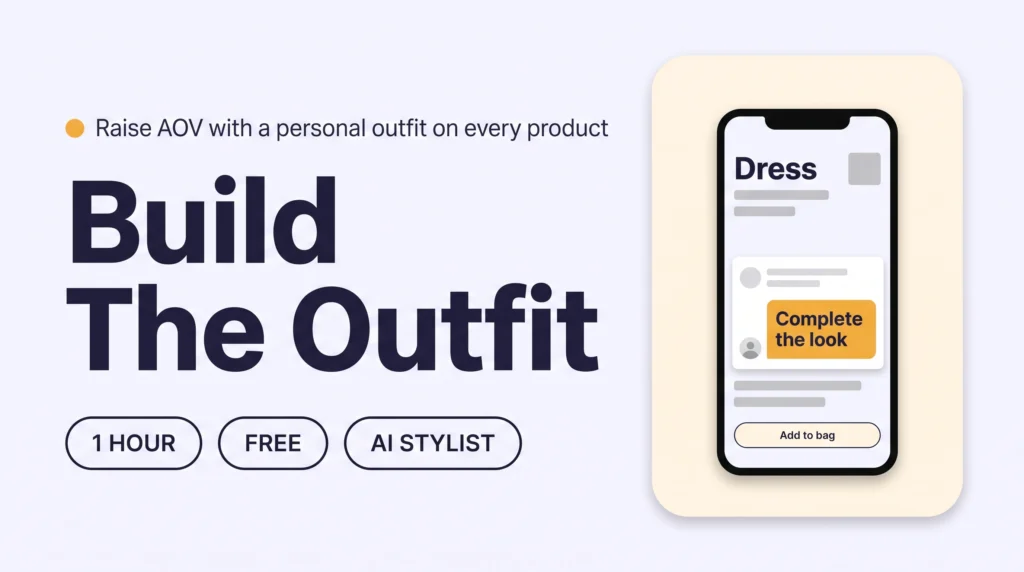 Phone showing a dress product page with a stylist panel building a complete outfit around it, highlighted in orange