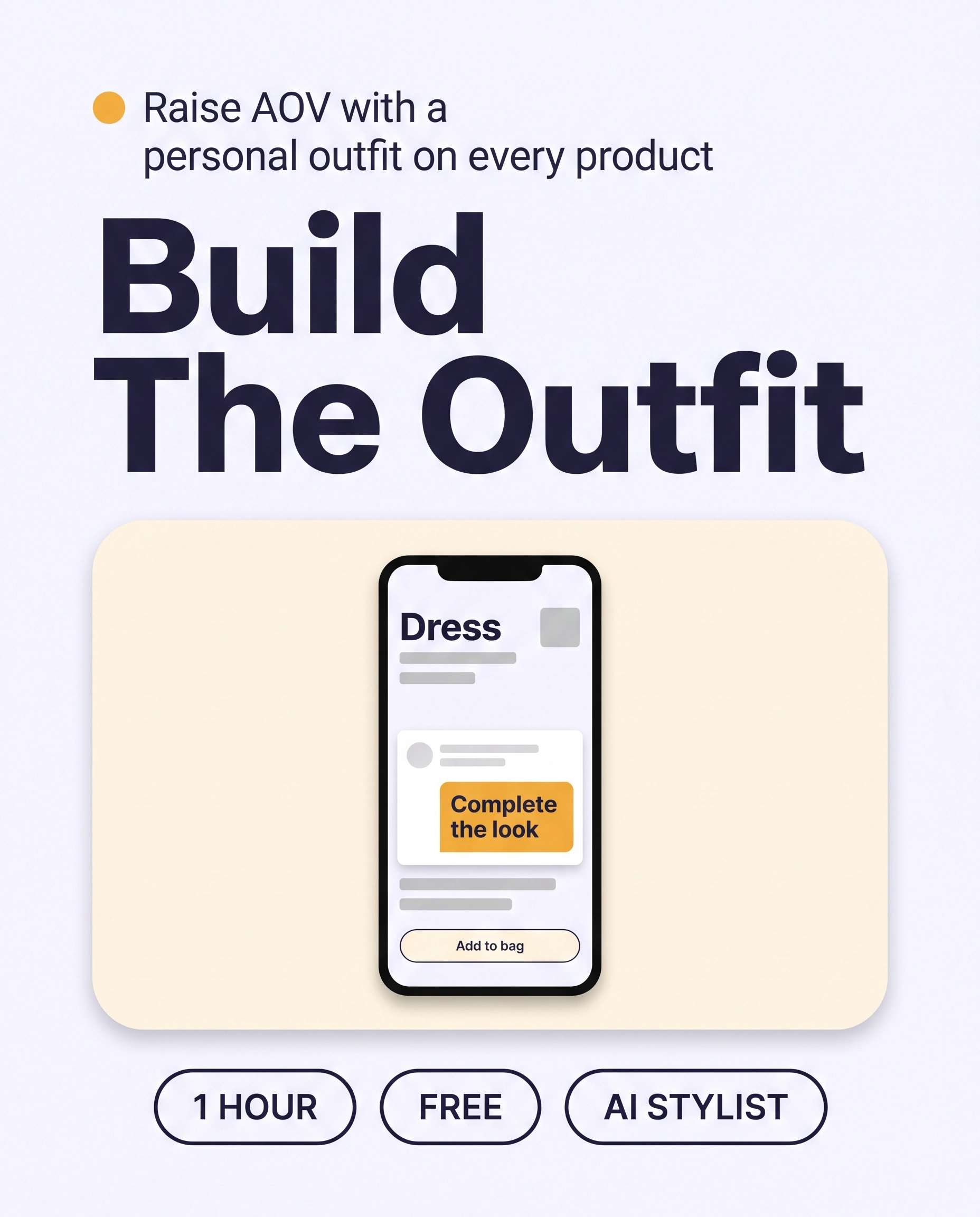 Phone showing a dress product page with a stylist panel building a complete outfit around it, highlighted in orange