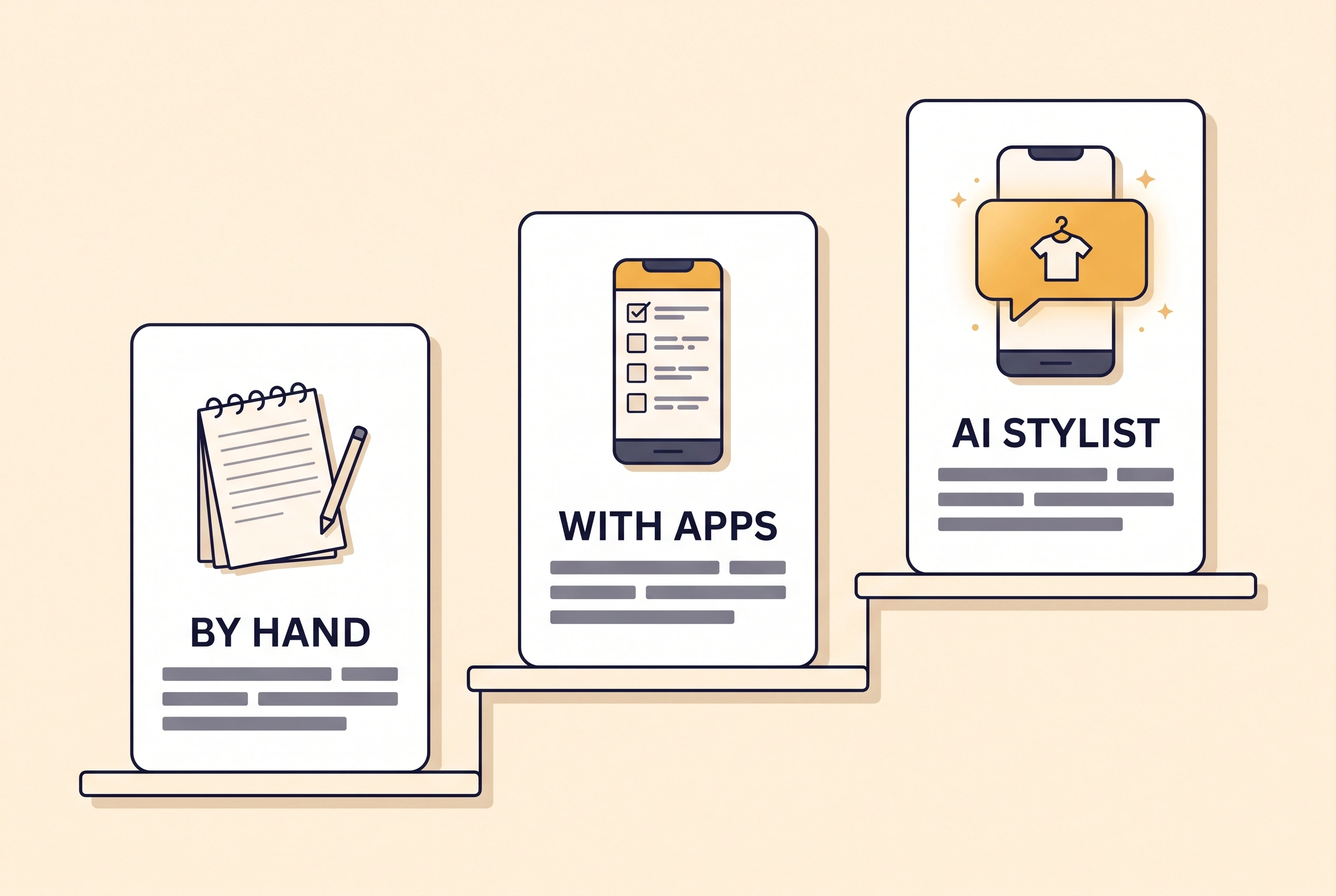Three rising steps showing options for building an outfit: a notepad, a phone with a checklist, and a glowing stylist chat bubble