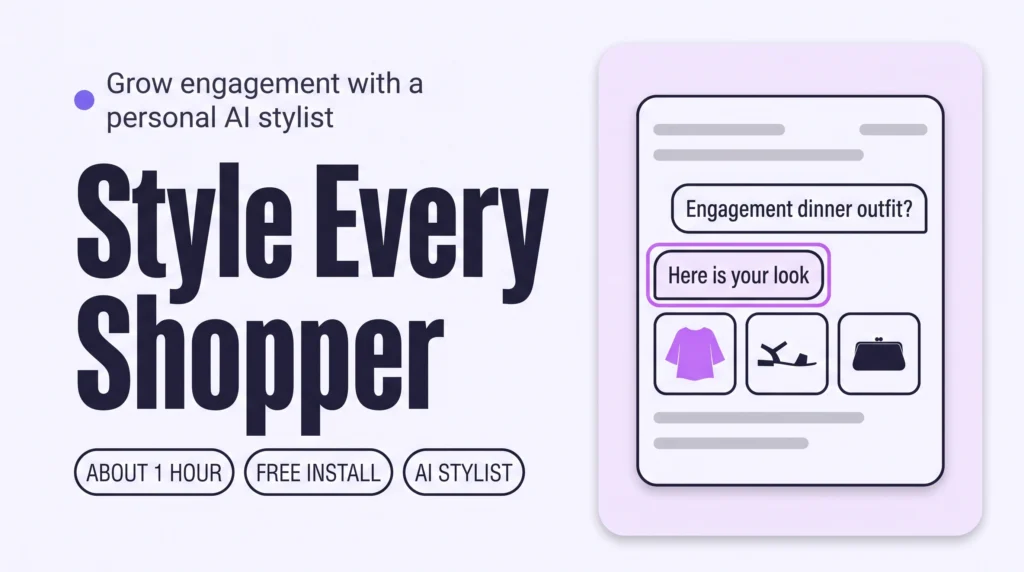 Chat window where a shopper asks for an engagement dinner outfit and a stylist replies with a three-piece look, showing how a personal AI stylist builds outfits for one shopper