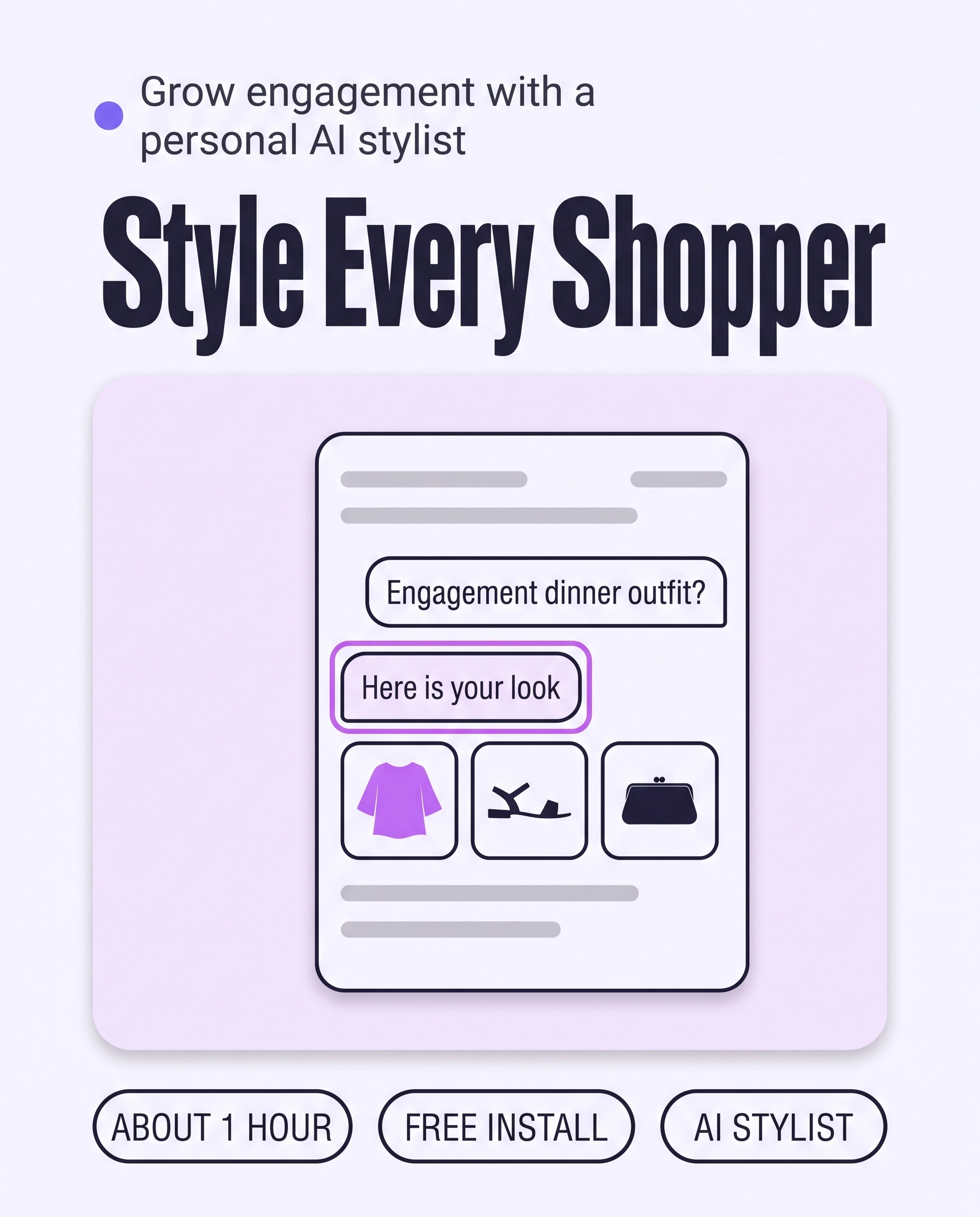 Chat window where a shopper asks for an engagement dinner outfit and a stylist replies with a three-piece look, showing how a personal AI stylist builds outfits for one shopper