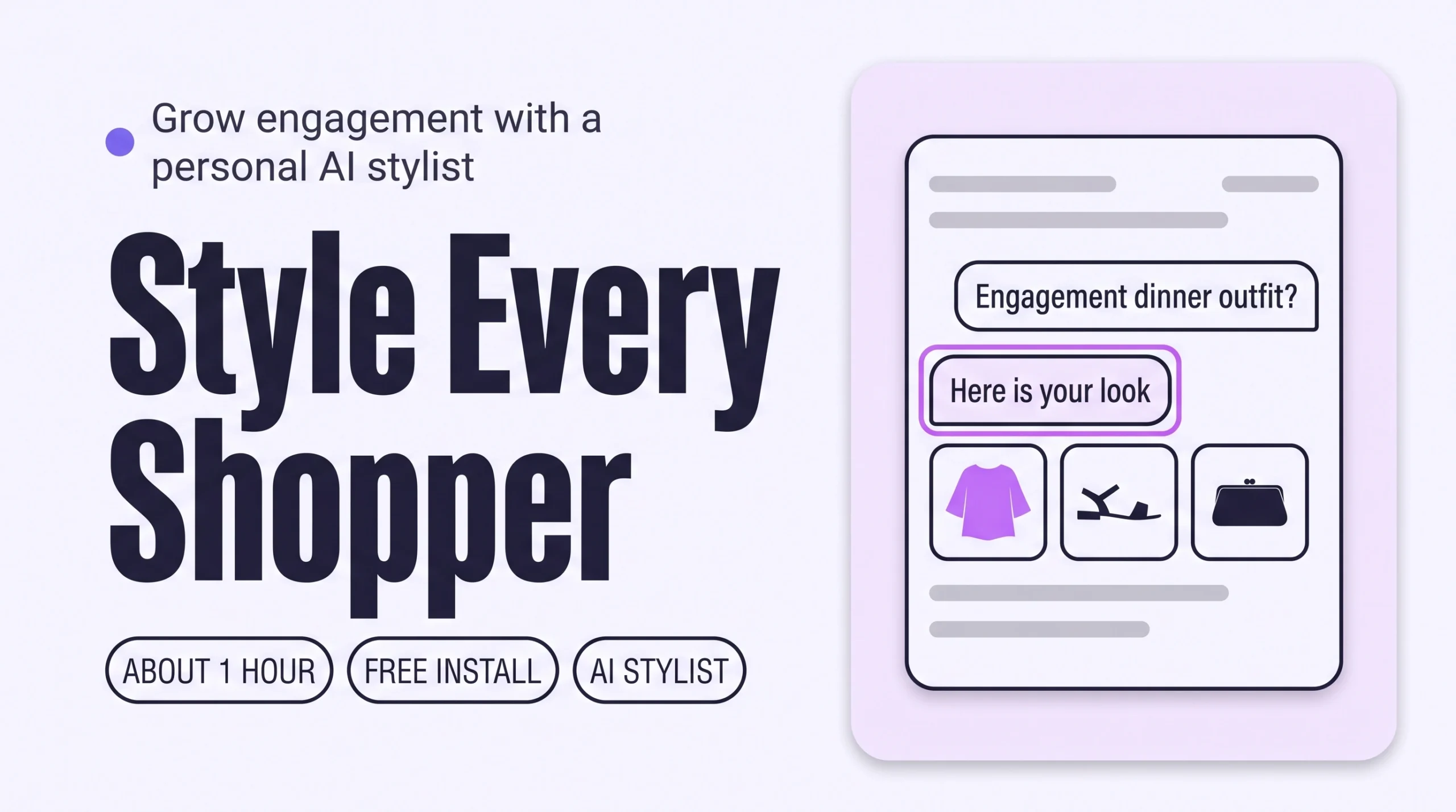 Chat window where a shopper asks for an engagement dinner outfit and a stylist replies with a three-piece look, showing how a personal AI stylist builds outfits for one shopper