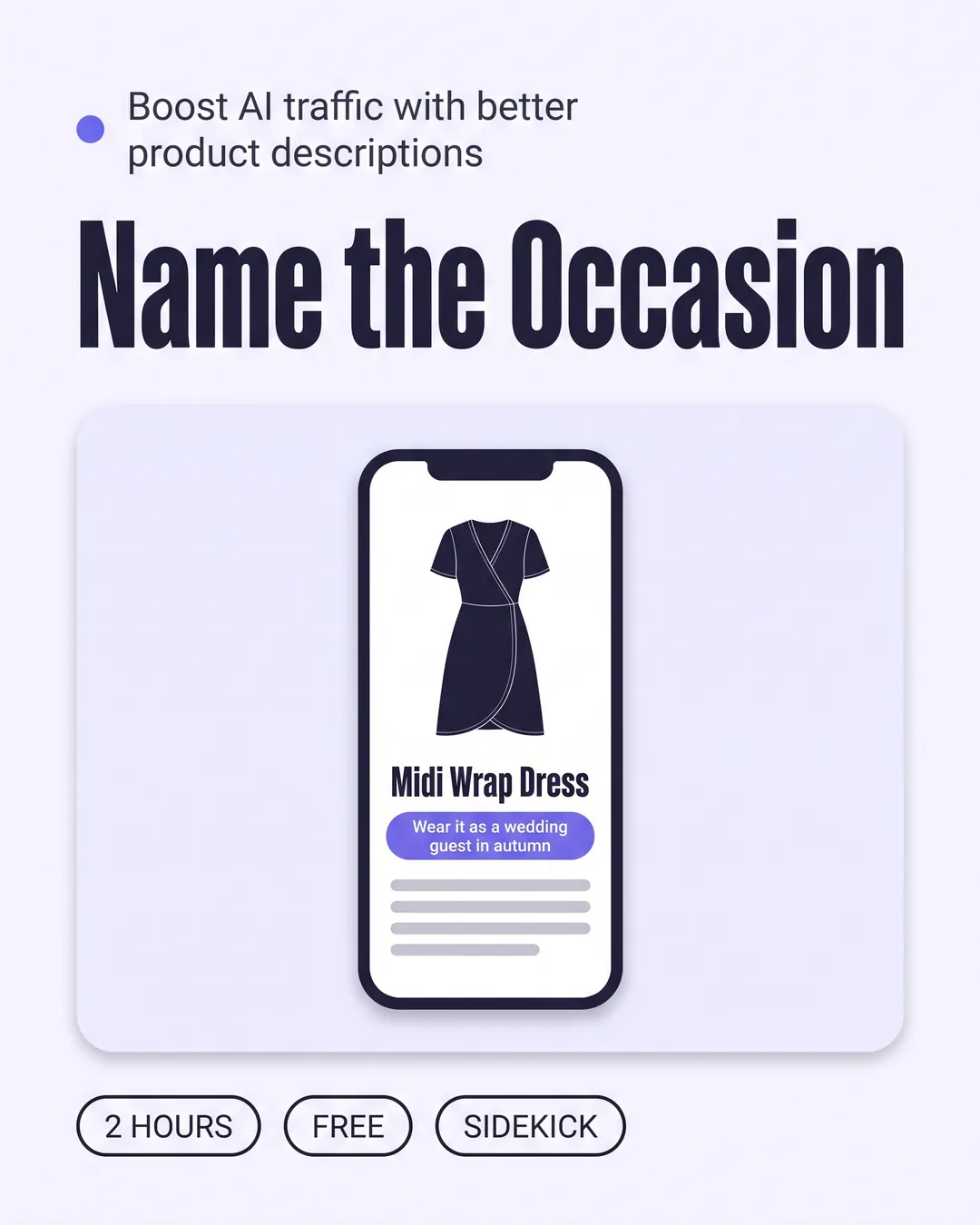 Phone showing a product page whose description names the occasion, with the headline Name the Occasion