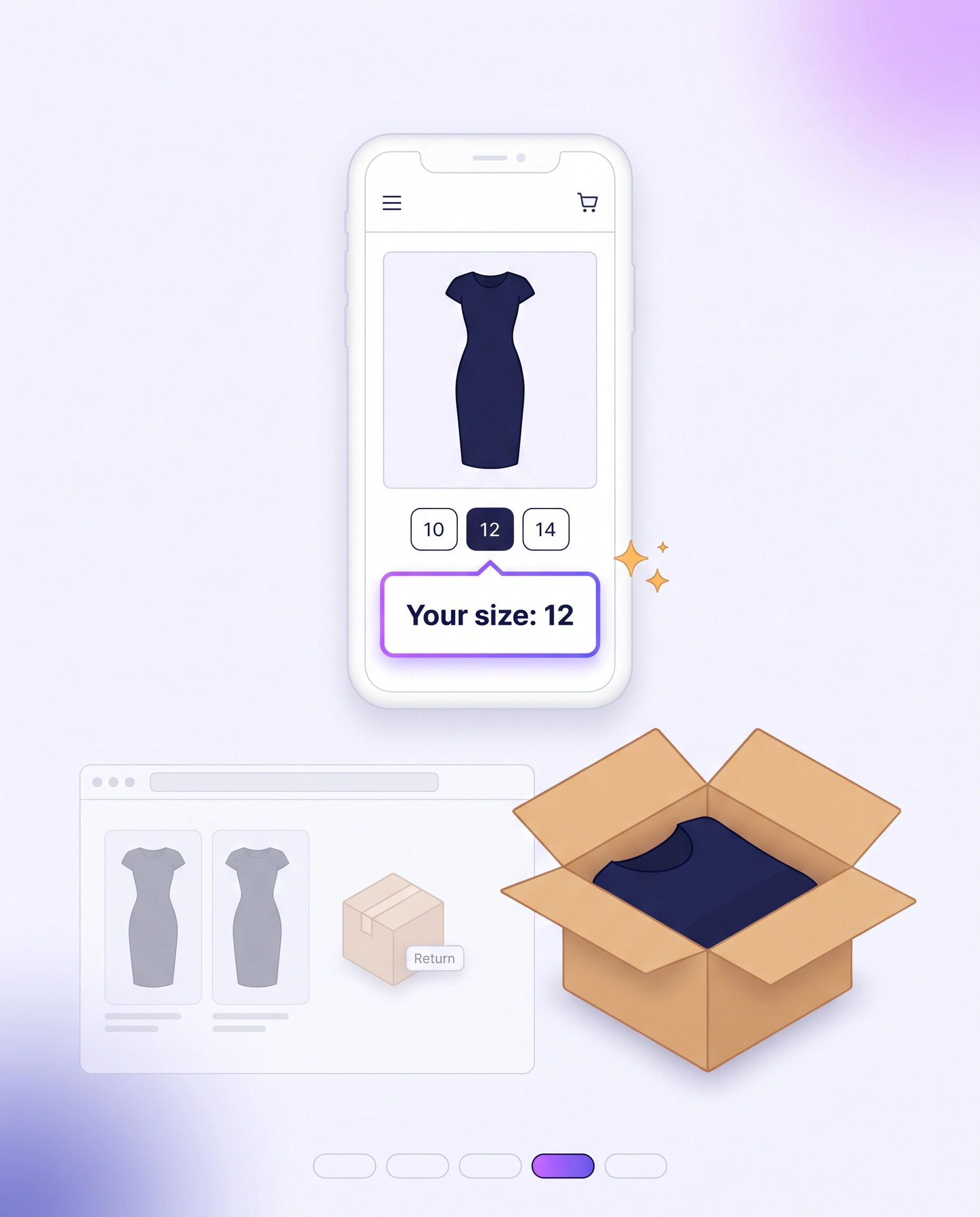 A product page names one confident size for a navy dress and the order is kept, while the old way of ordering two sizes and sending one back fades into grey.