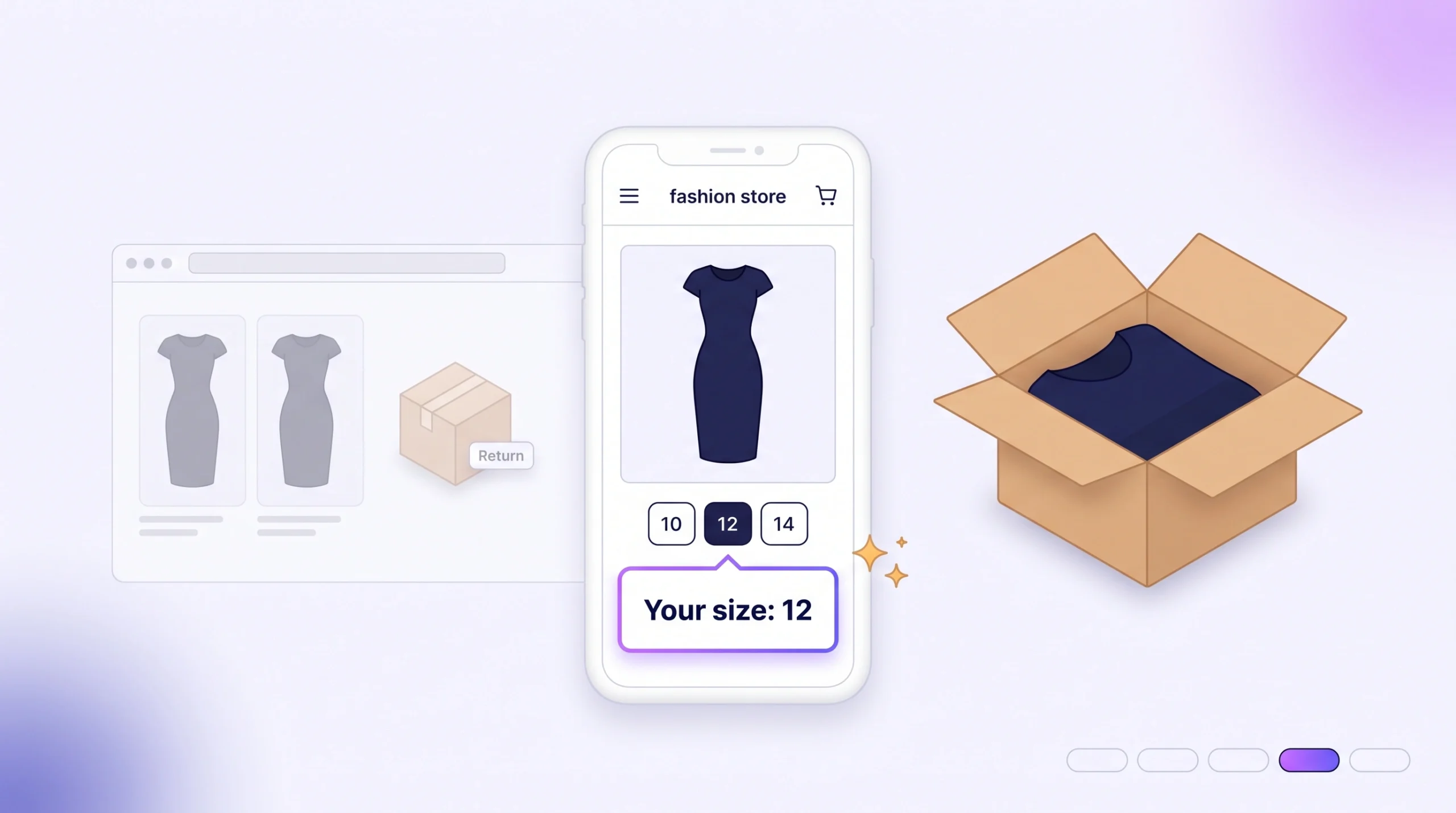 A product page names one confident size for a navy dress and the order is kept, while the old way of ordering two sizes and sending one back fades into grey.