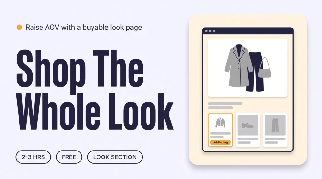 Browser window showing a styled outfit photo with three product cards below it, one highlighted with an Add to bag button