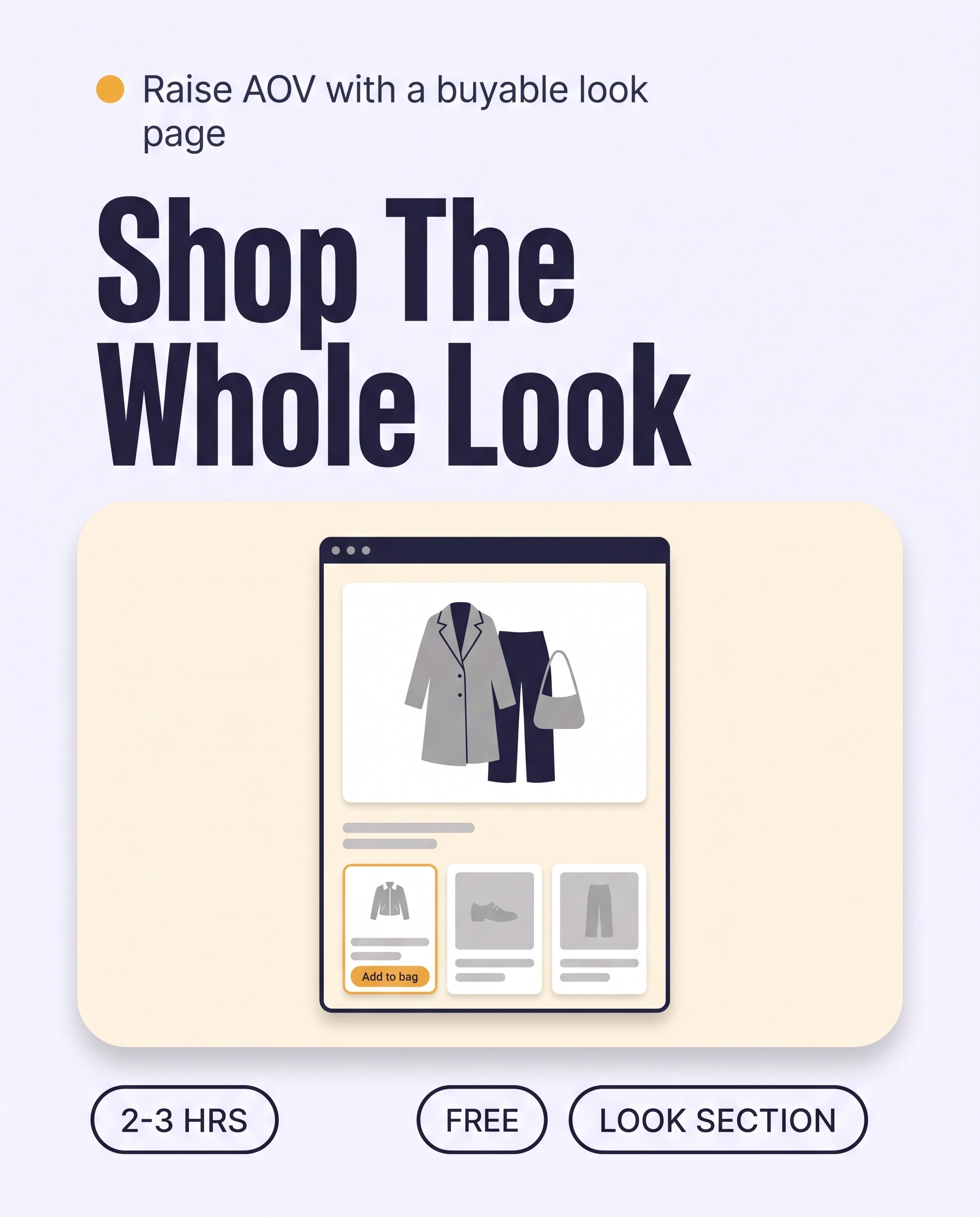 Browser window showing a styled outfit photo with three product cards below it, one highlighted with an Add to bag button