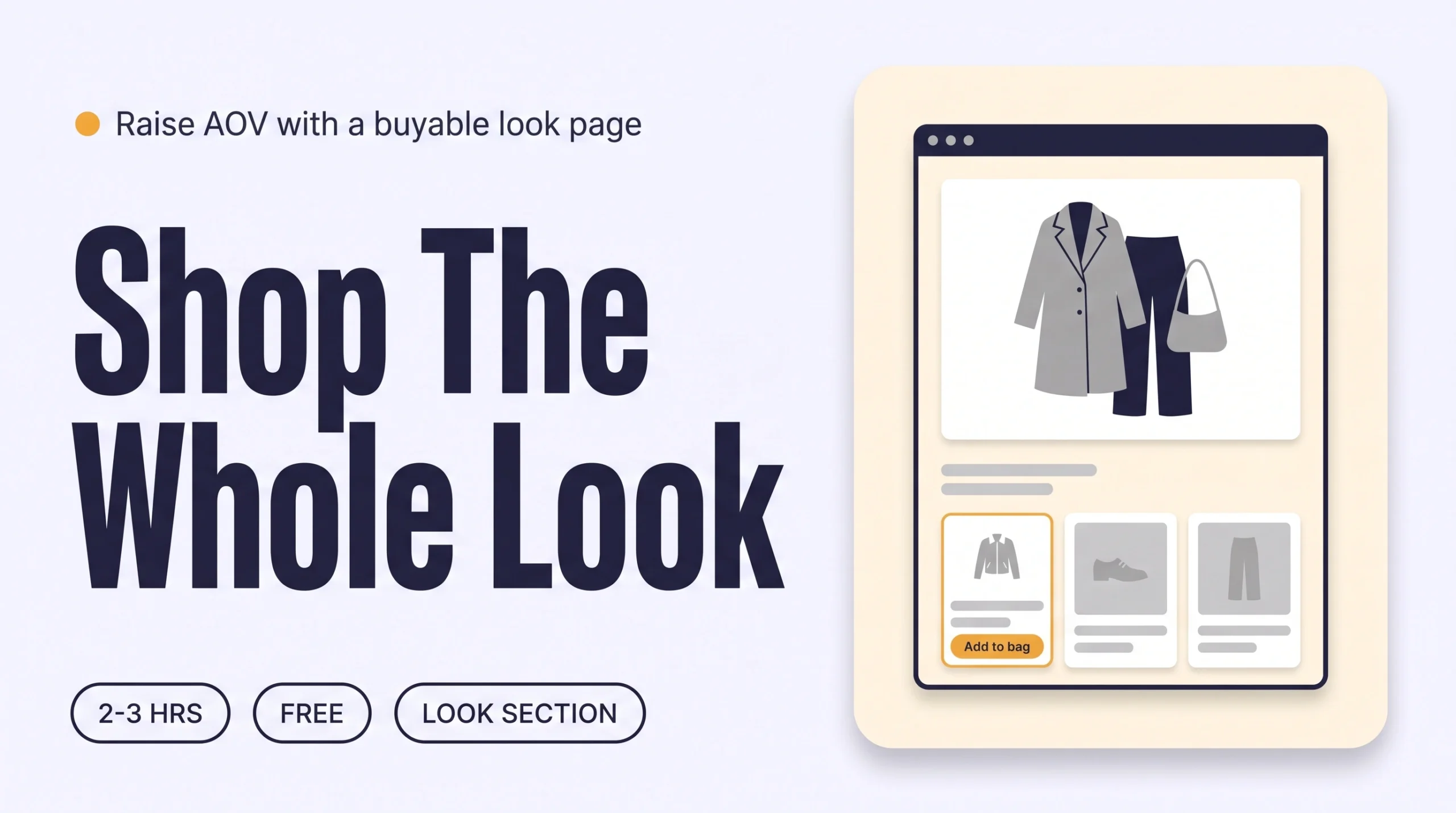 Browser window showing a styled outfit photo with three product cards below it, one highlighted with an Add to bag button