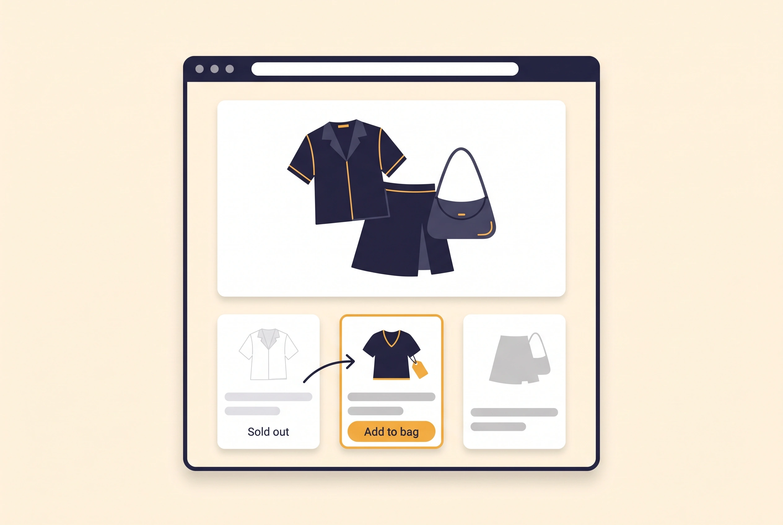 Illustration of an outfit's three products, with one sold-out item being swapped for an in-stock replacement before a shopper can add the look to her bag