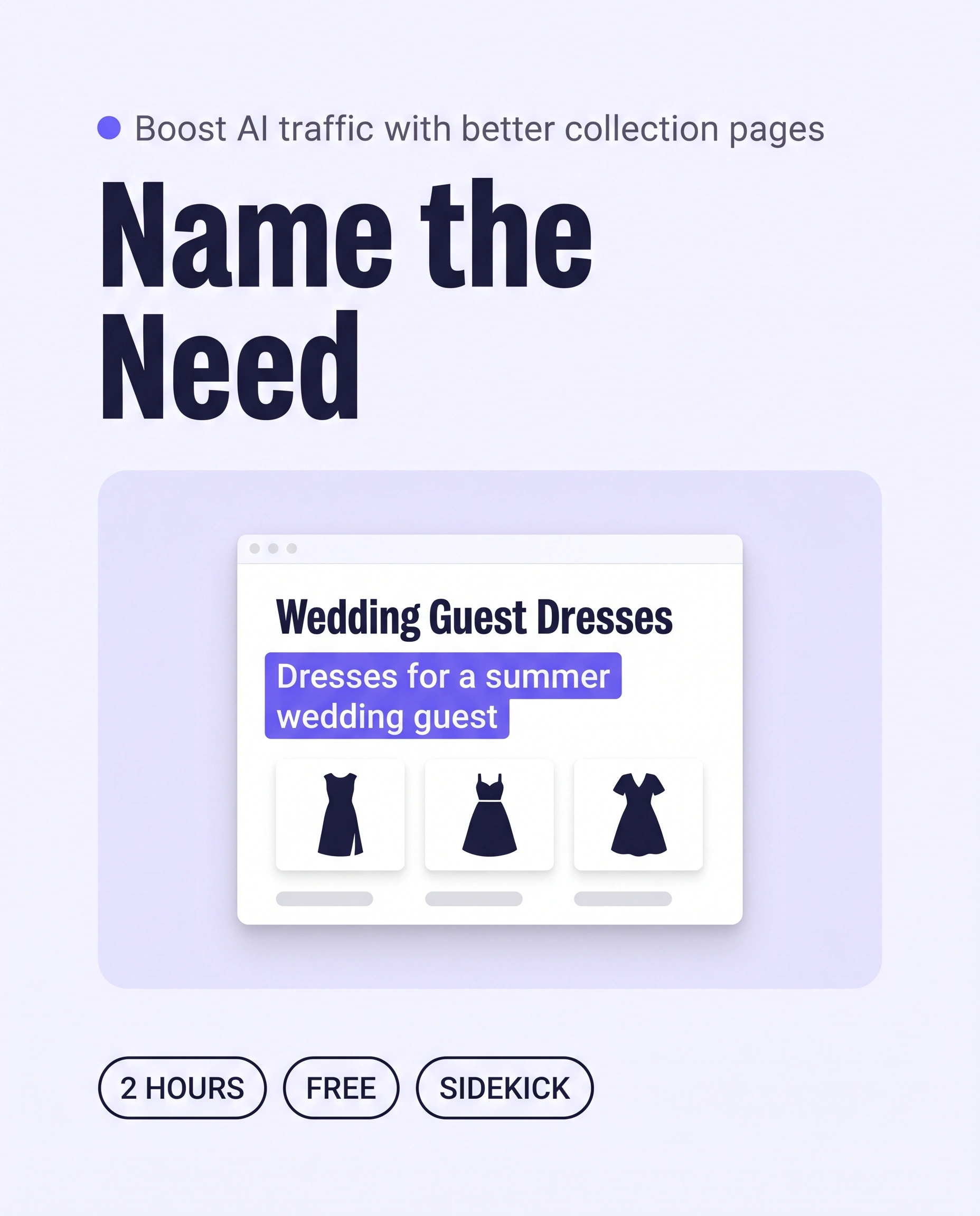 Browser window showing a collection page whose opening description names the occasion, highlighted, under the headline Name the Need