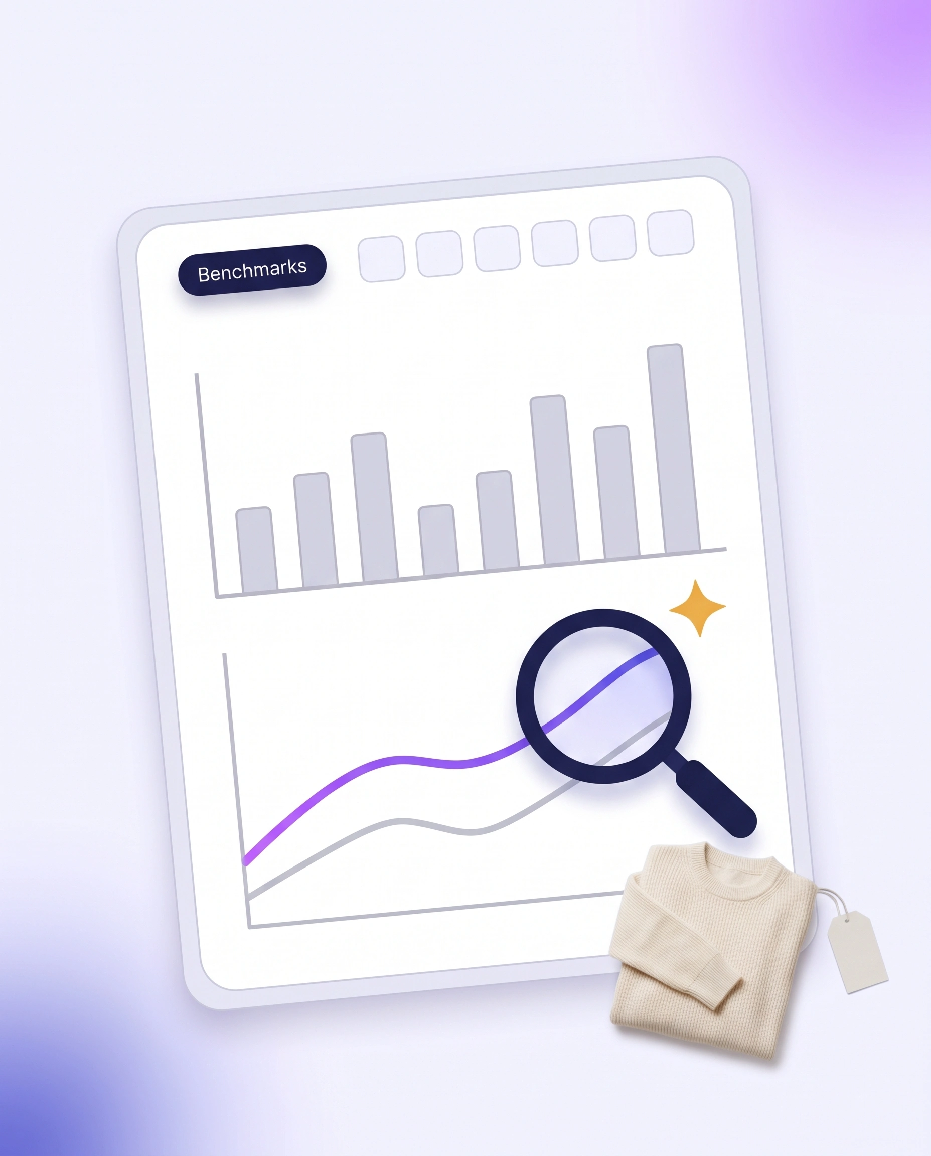 A benchmarks report with one highlighted trend under a magnifier, showing how a Shopify fashion store can compare each of its six stages with independent figures.