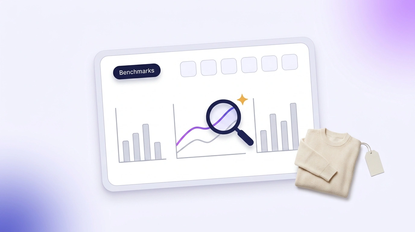 A benchmarks report with one highlighted trend under a magnifier, showing how a Shopify fashion store can compare each of its six stages with independent figures.