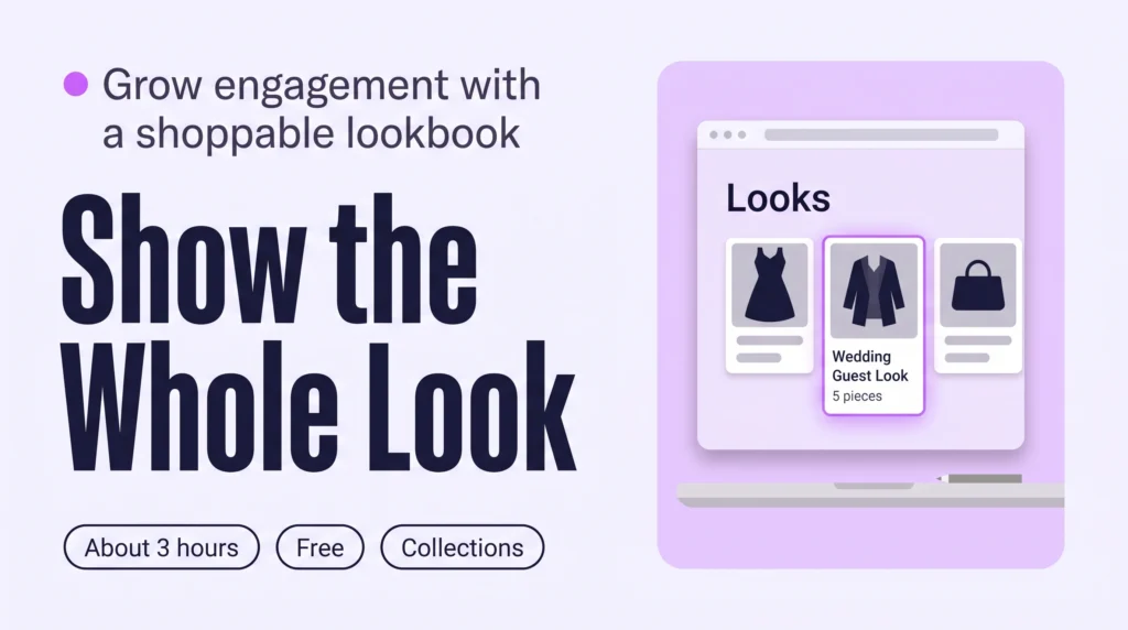 Browser window showing a Looks row of three outfit cards, with the Wedding Guest Look card highlighted, to show that a shoppable lookbook lets shoppers browse whole outfits.
