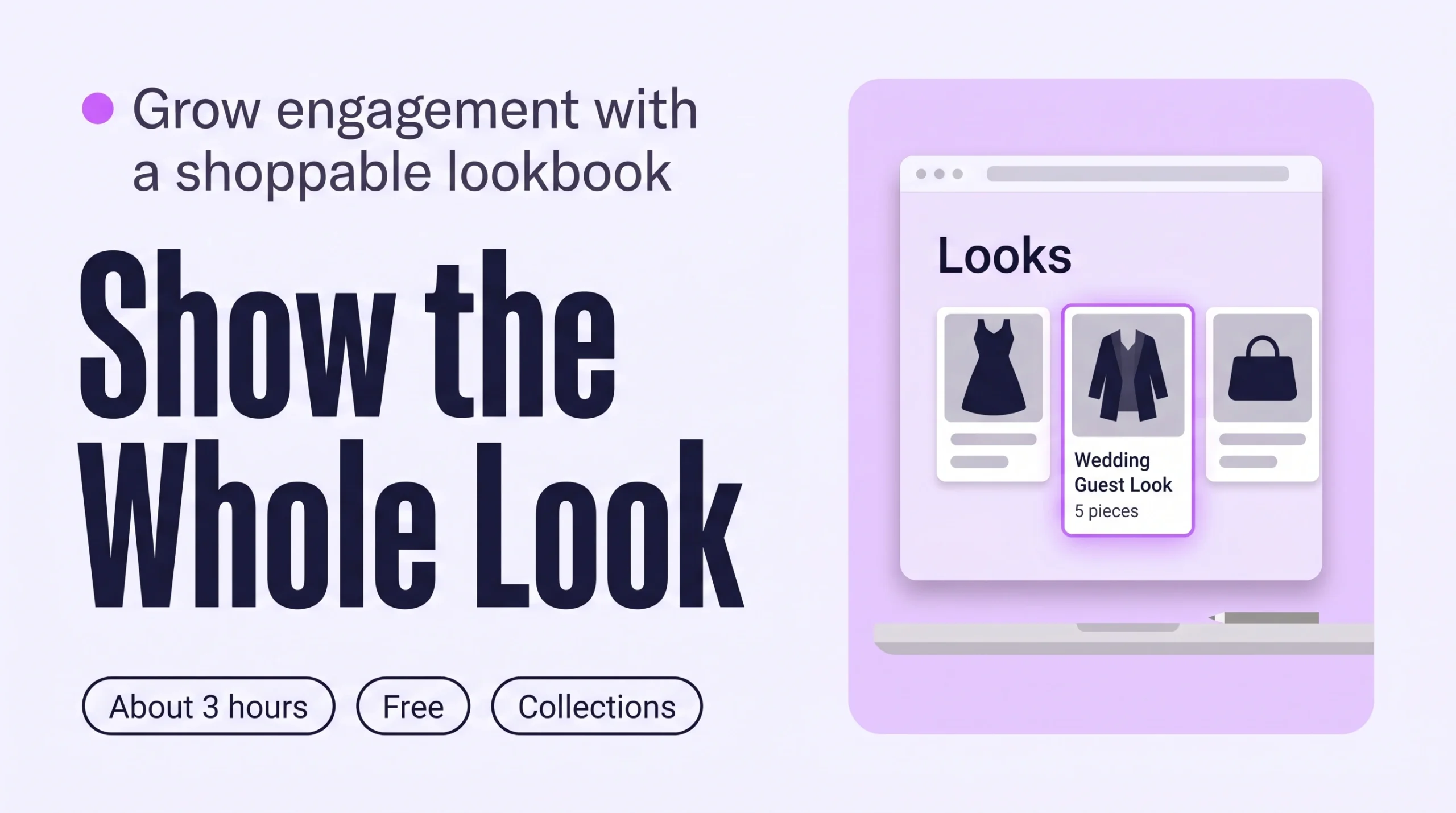 Browser window showing a Looks row of three outfit cards, with the Wedding Guest Look card highlighted, to show that a shoppable lookbook lets shoppers browse whole outfits.