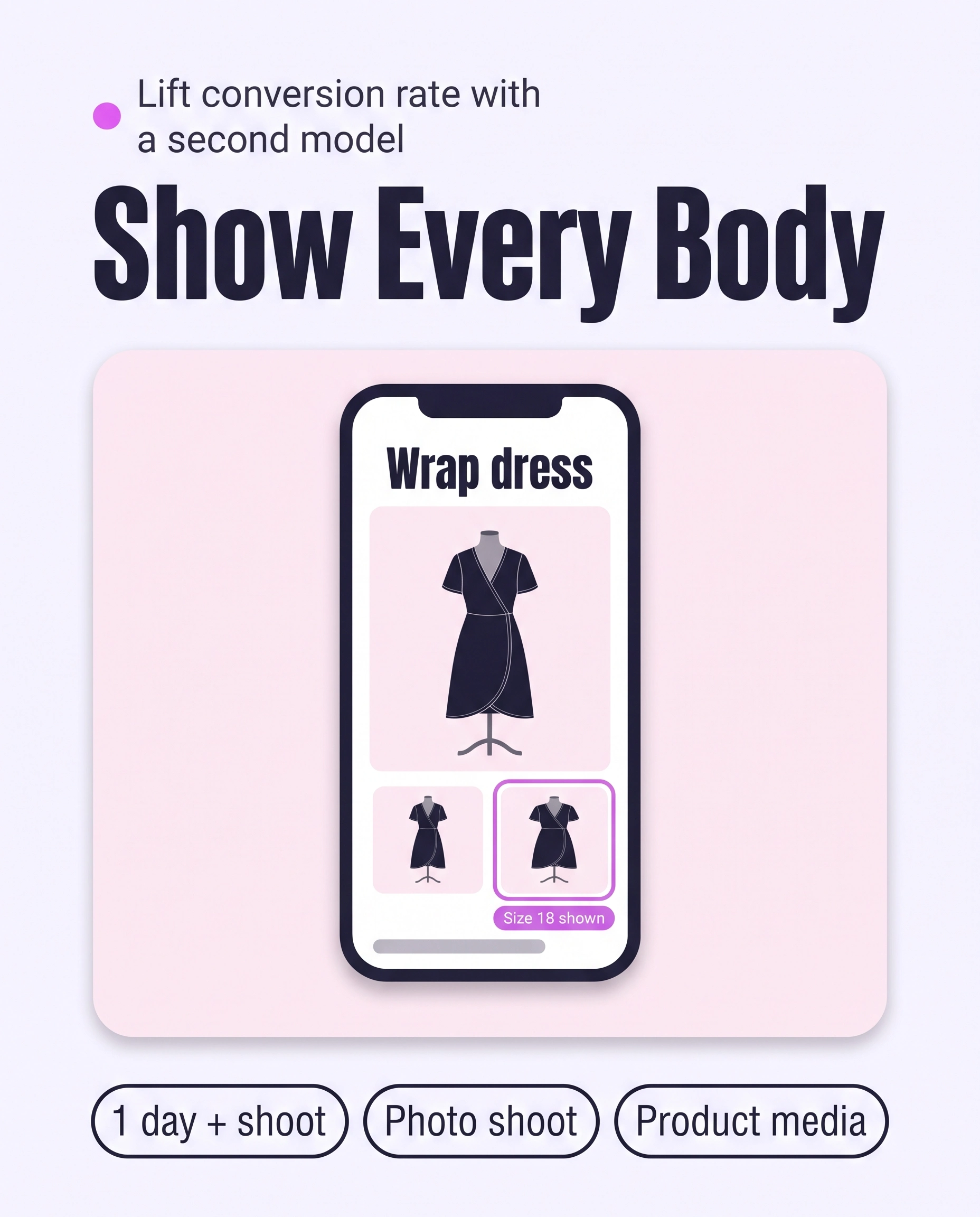 Phone product page with a gallery showing the same dress on a second, larger dress form, highlighted to show the size worn