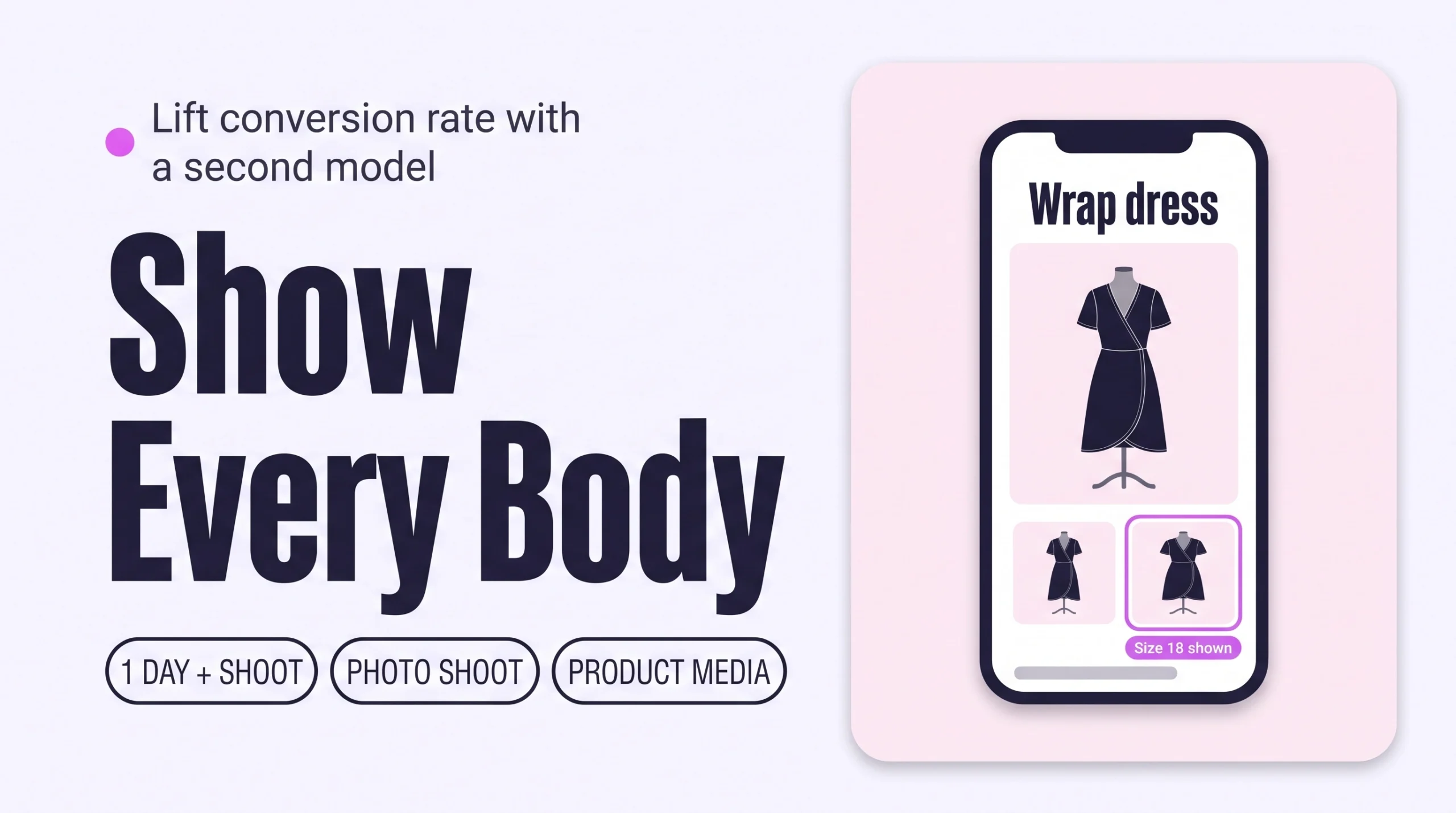 Phone product page with a gallery showing the same dress on a second, larger dress form, highlighted to show the size worn