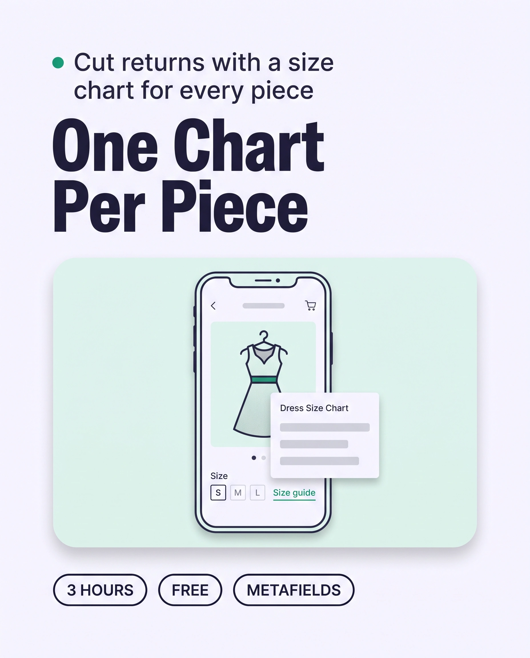 Shopify product page showing a Size guide link opening a size chart for this garment, highlighted in green