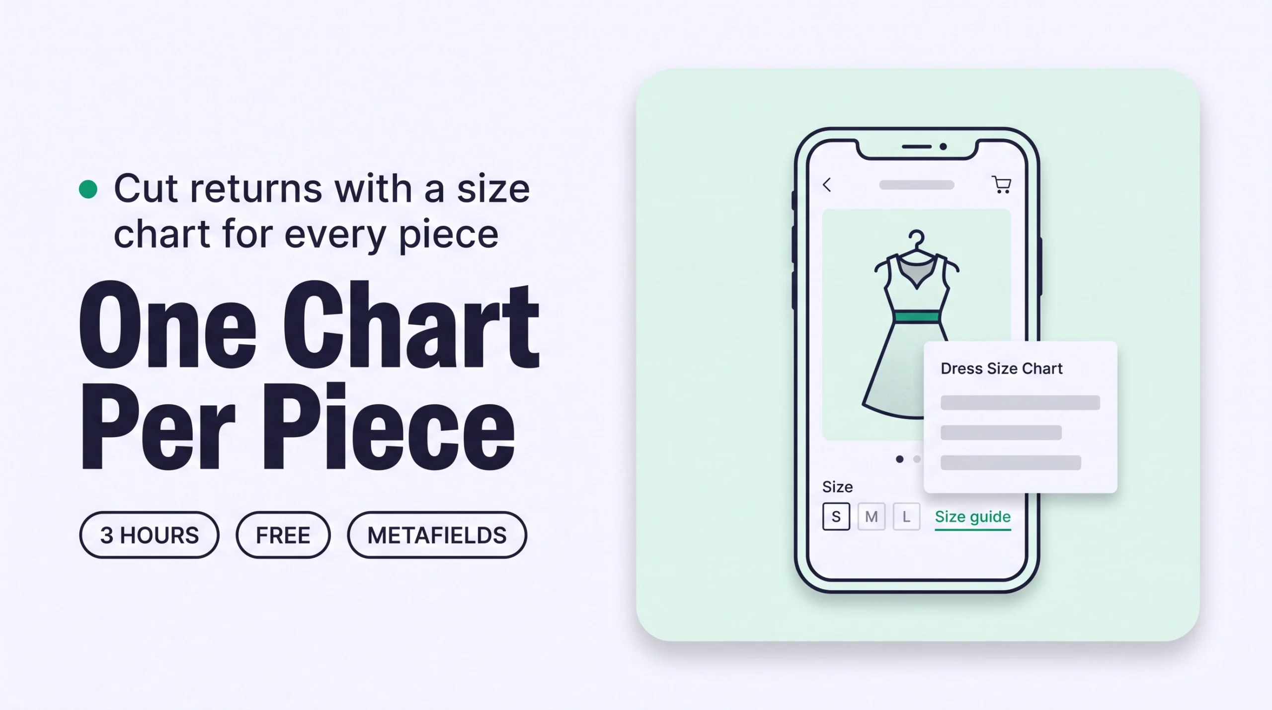 Shopify product page showing a Size guide link opening a size chart for this garment, highlighted in green