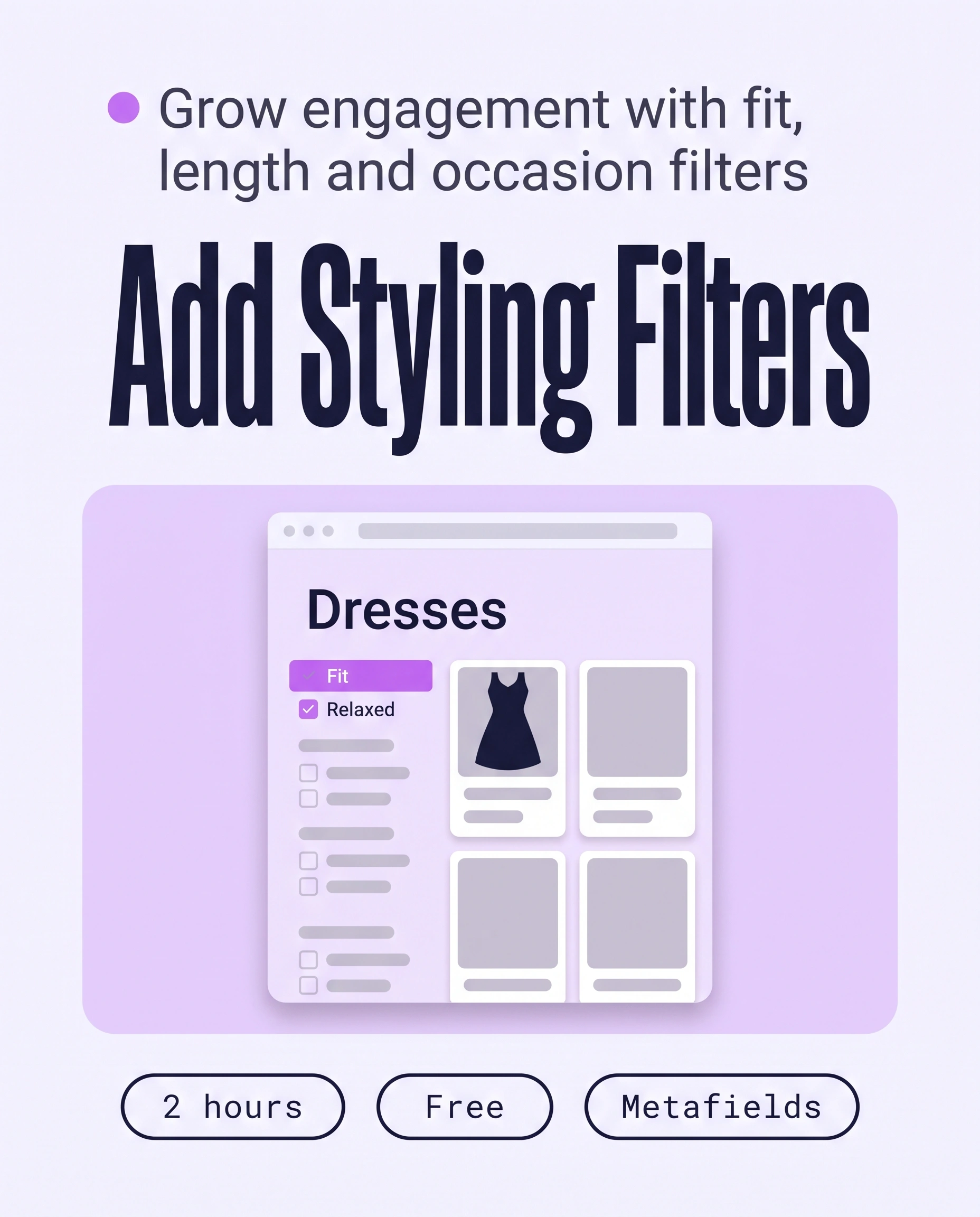 Browser window showing a Dresses collection page with the Fit filter highlighted in the sidebar and Relaxed selected