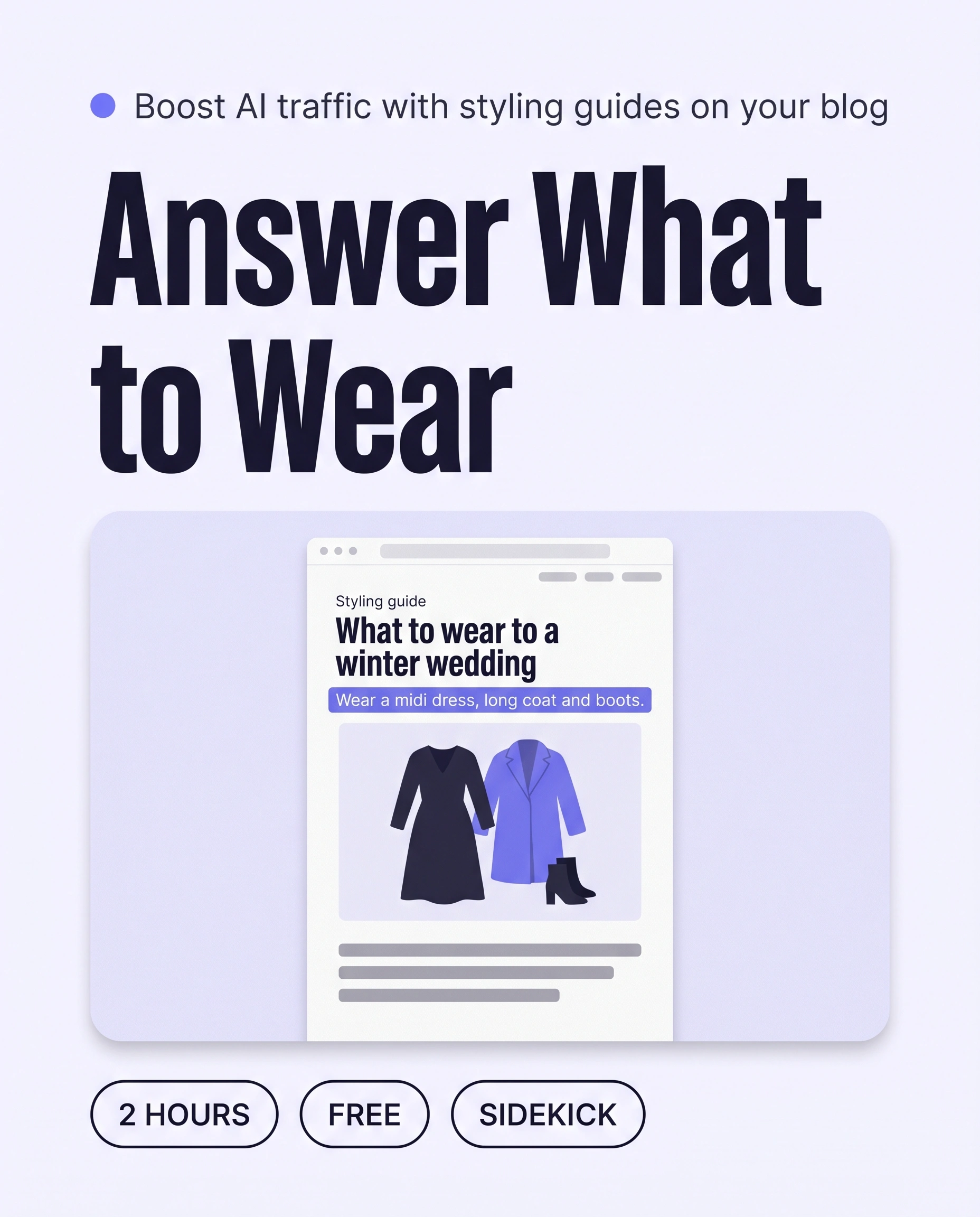 A blog post in a browser window with a styling guide for a winter wedding outfit, its first-sentence answer highlighted, showing how a guide gives AI assistants a page to cite.