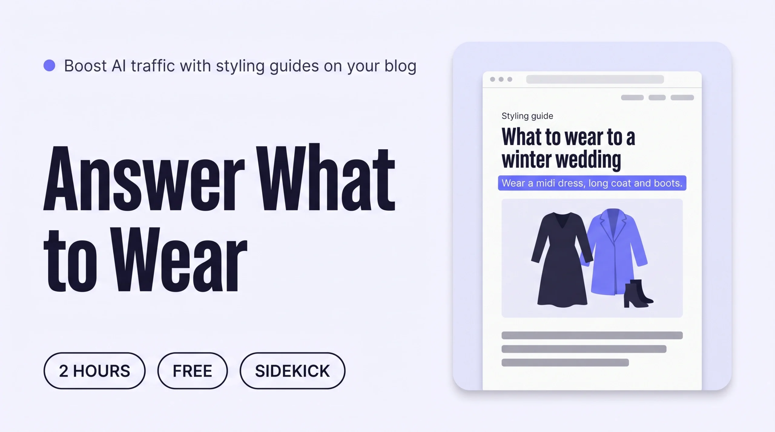 A blog post in a browser window with a styling guide for a winter wedding outfit, its first-sentence answer highlighted, showing how a guide gives AI assistants a page to cite.